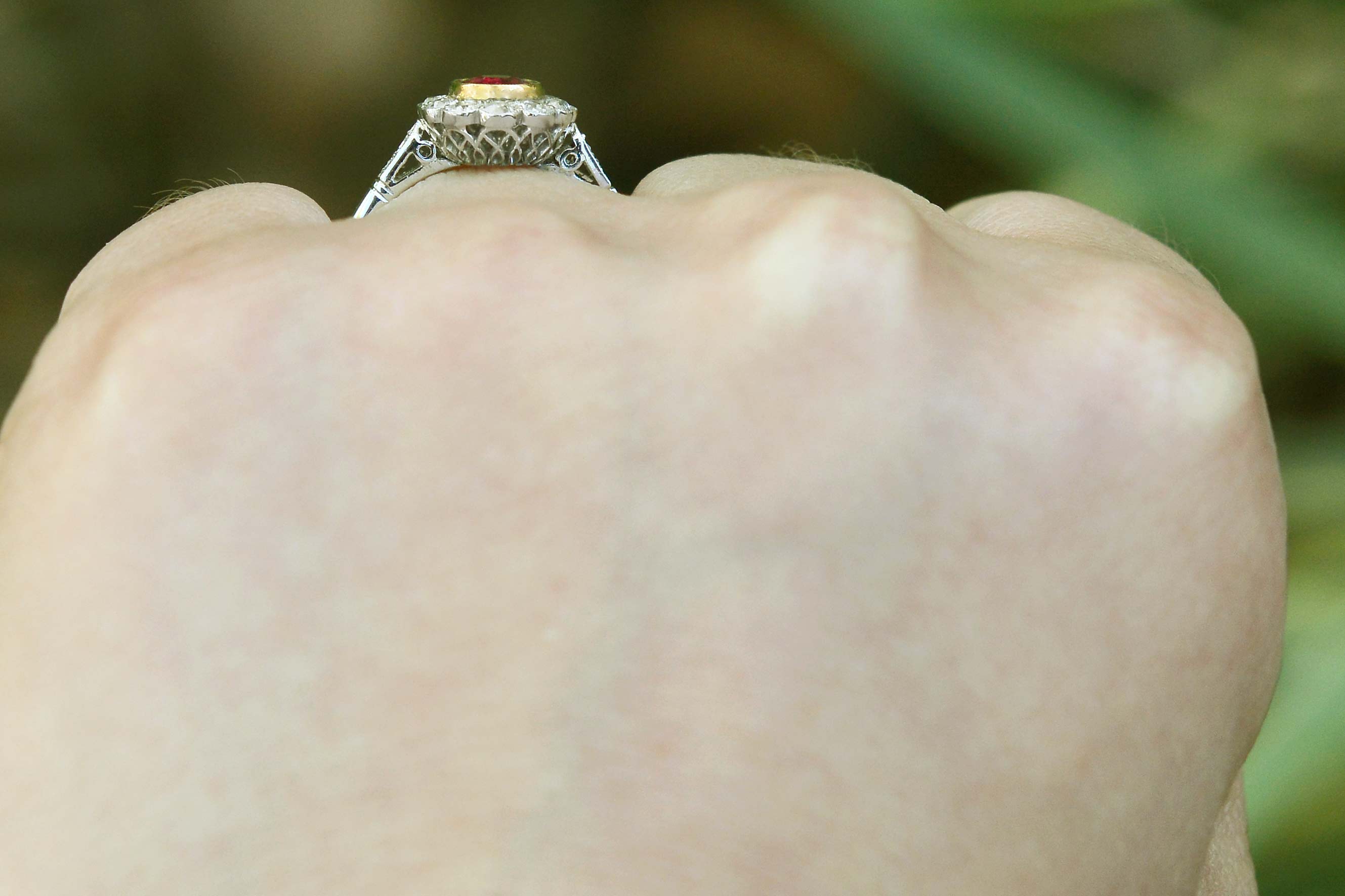 Platinum Antique Ruby Diamond Halo Engagement Ring