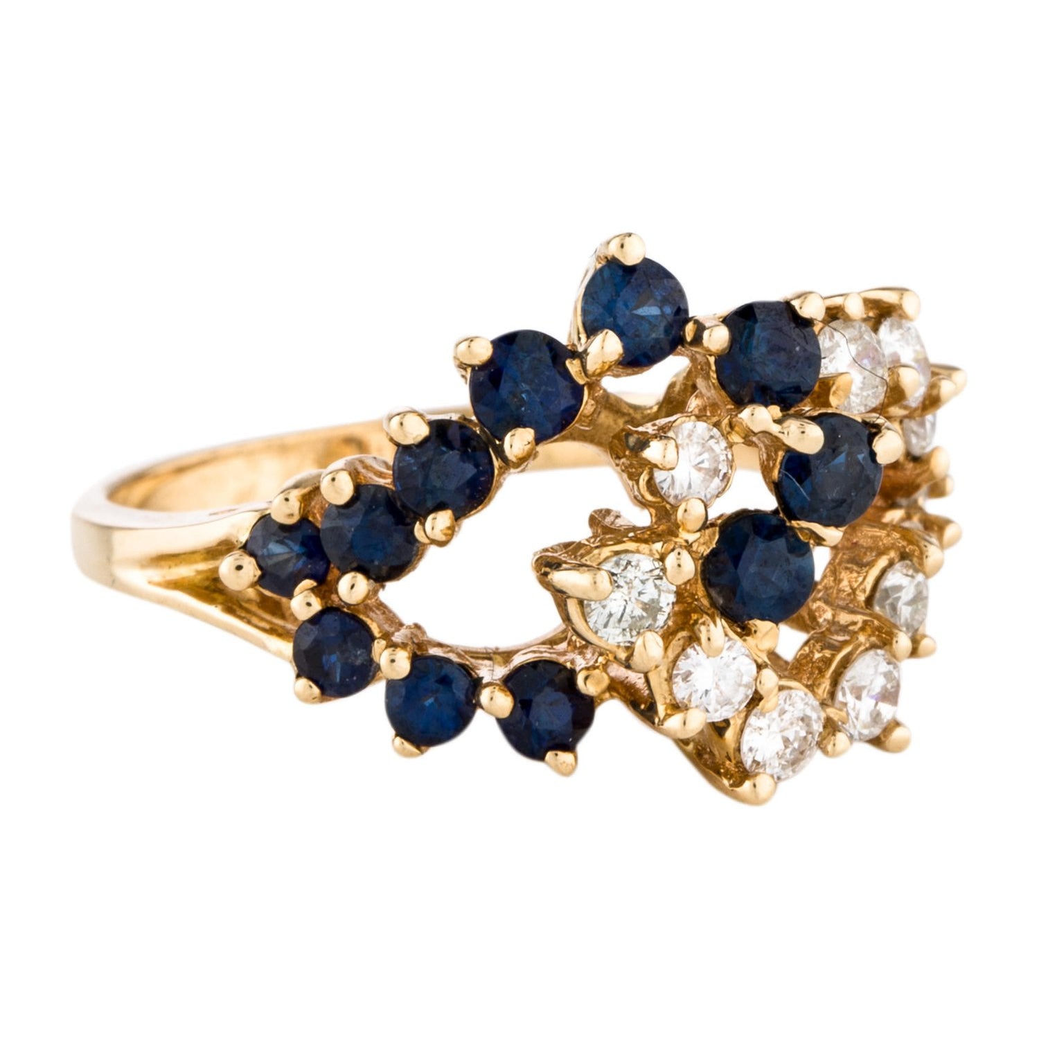 Round brilliant sapphires and diamonds loop ring.