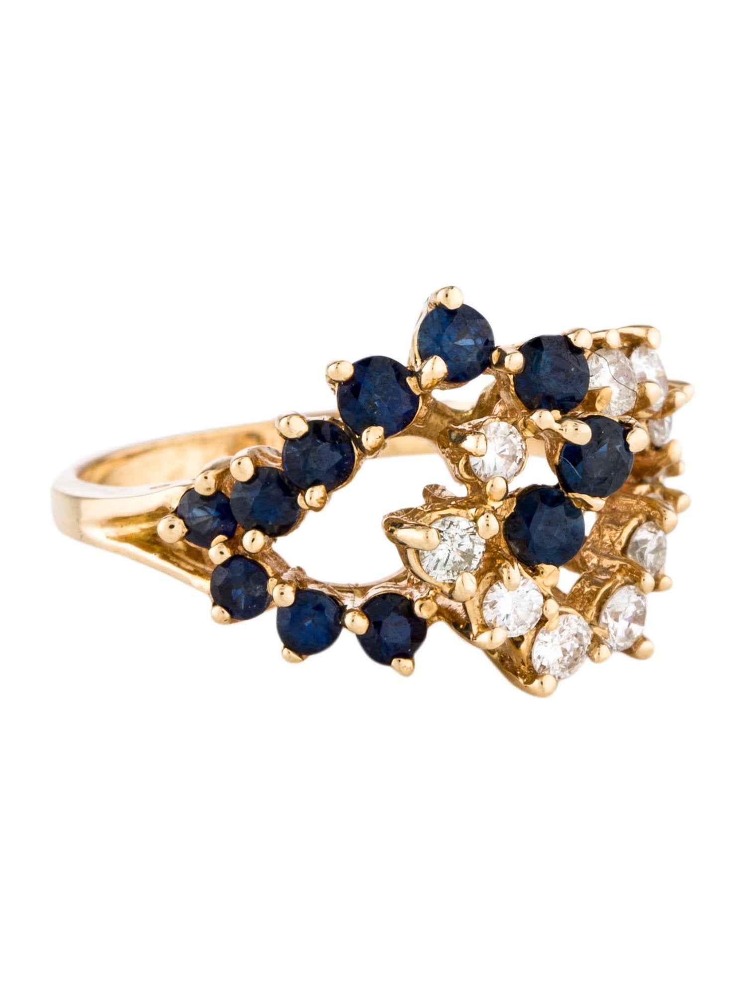 Round brilliant sapphires and diamonds loop ring.