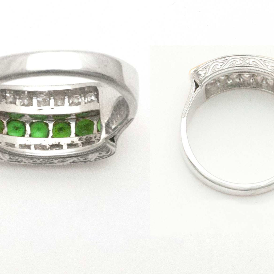 Green tsavorite antique anniversary band with diamond accents.