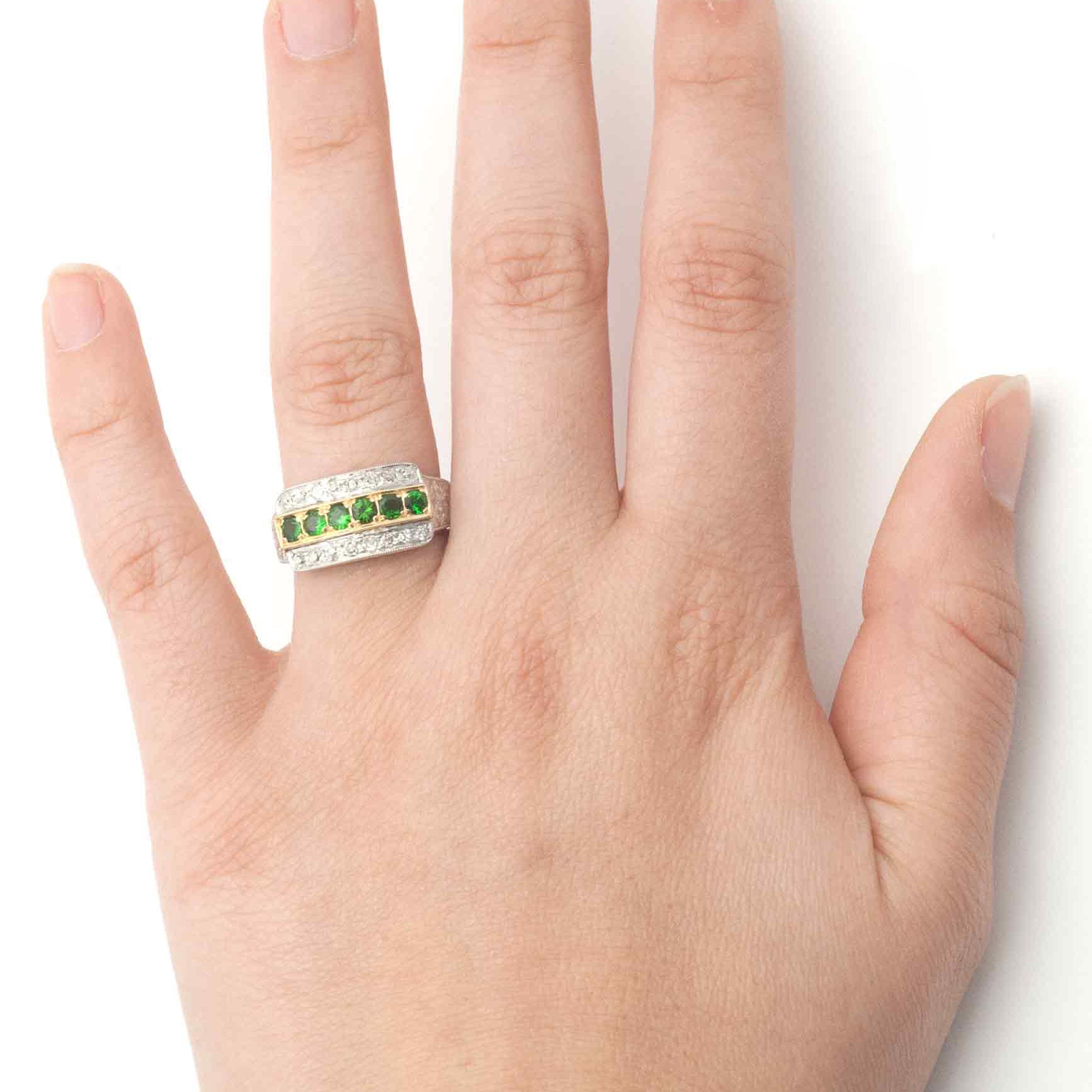 Size 7 and a half tsavorite palladium and gold Art Deco statement ring.