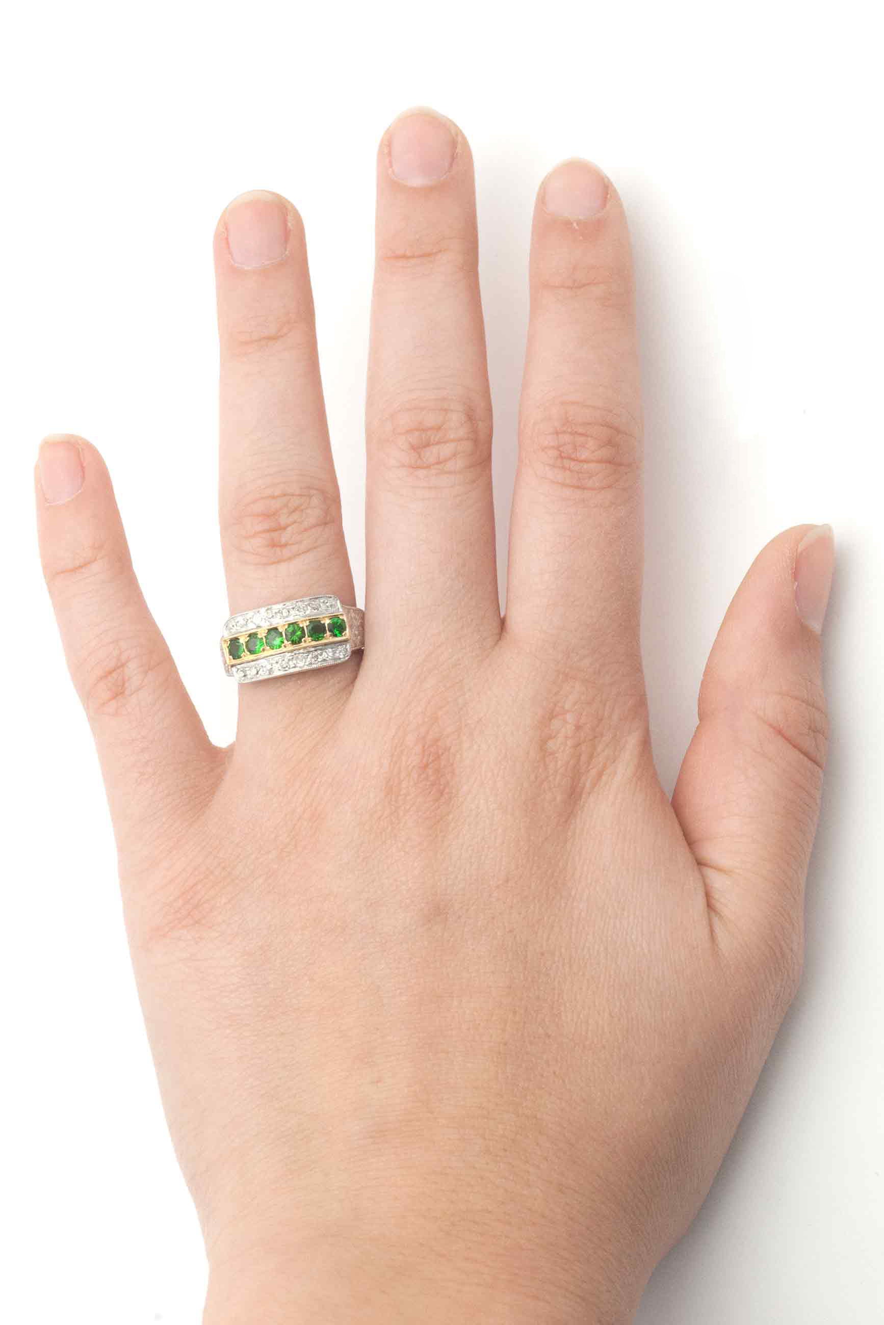 Size 7 and a half tsavorite palladium and gold Art Deco statement ring.