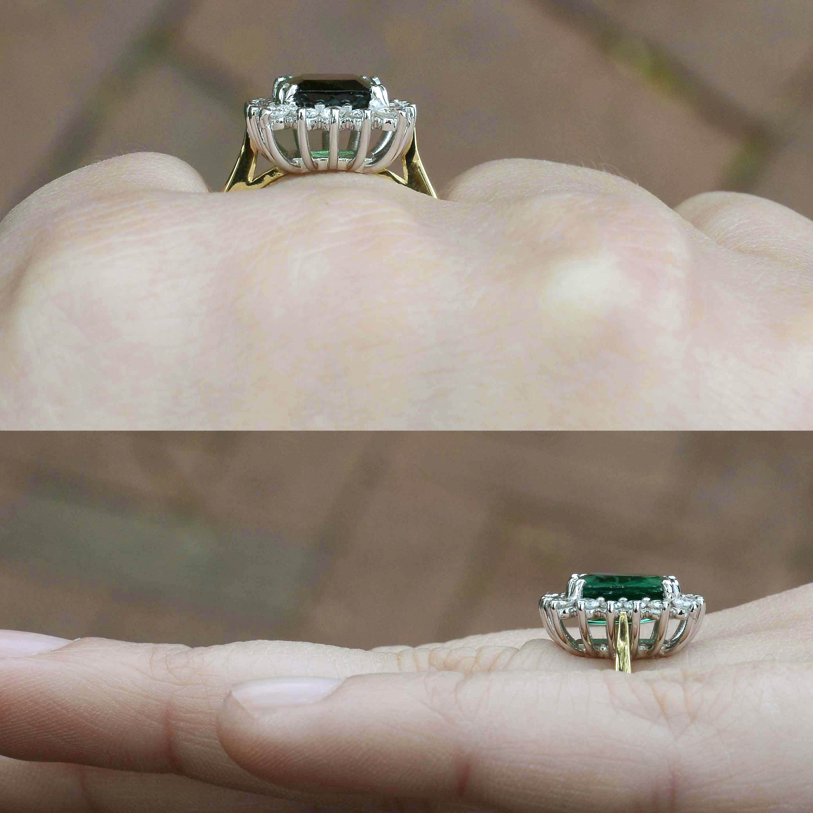 This contemporary tourmaline ring has an 18k white gold basket top.