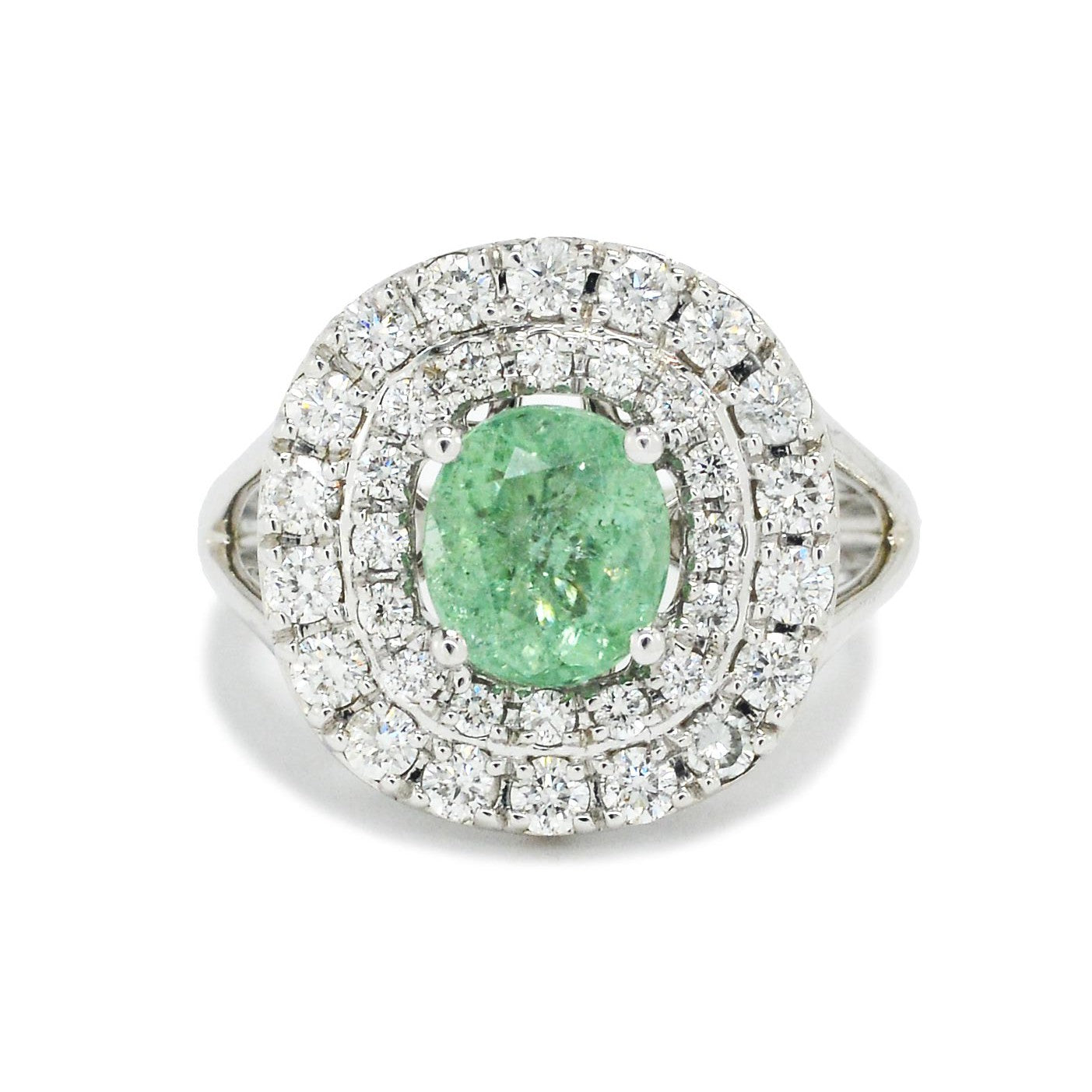 The Princeton Paraiba tourmaline engagement ring with a dazzling, double diamond halo.