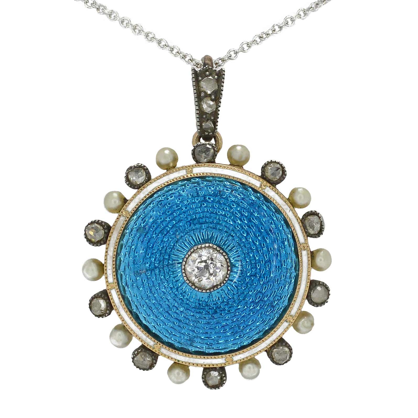 A Belle Epoque Faberge' style guilloche' enamel pendant necklace.