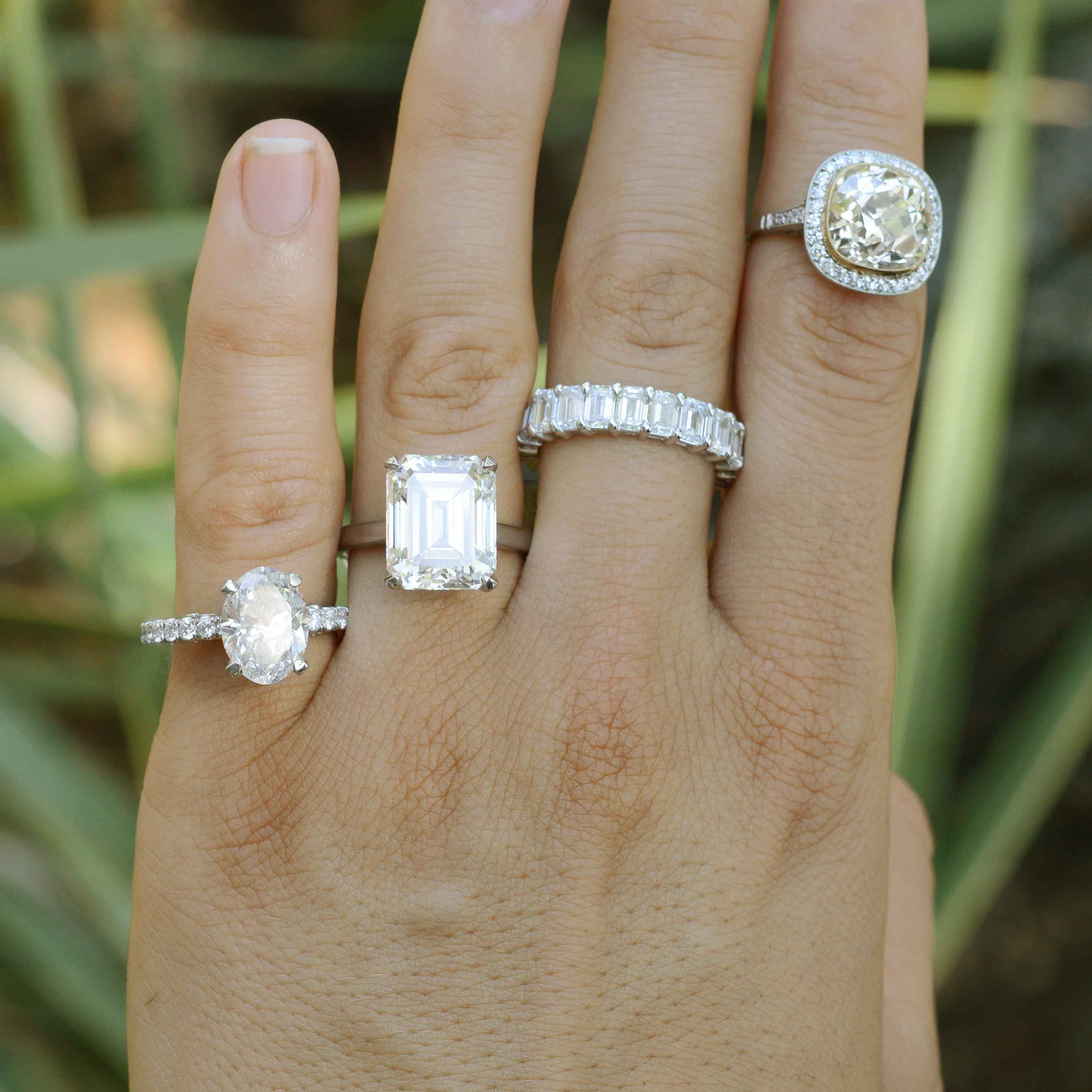 A colleciton of large diamond wedding and bridal rings.