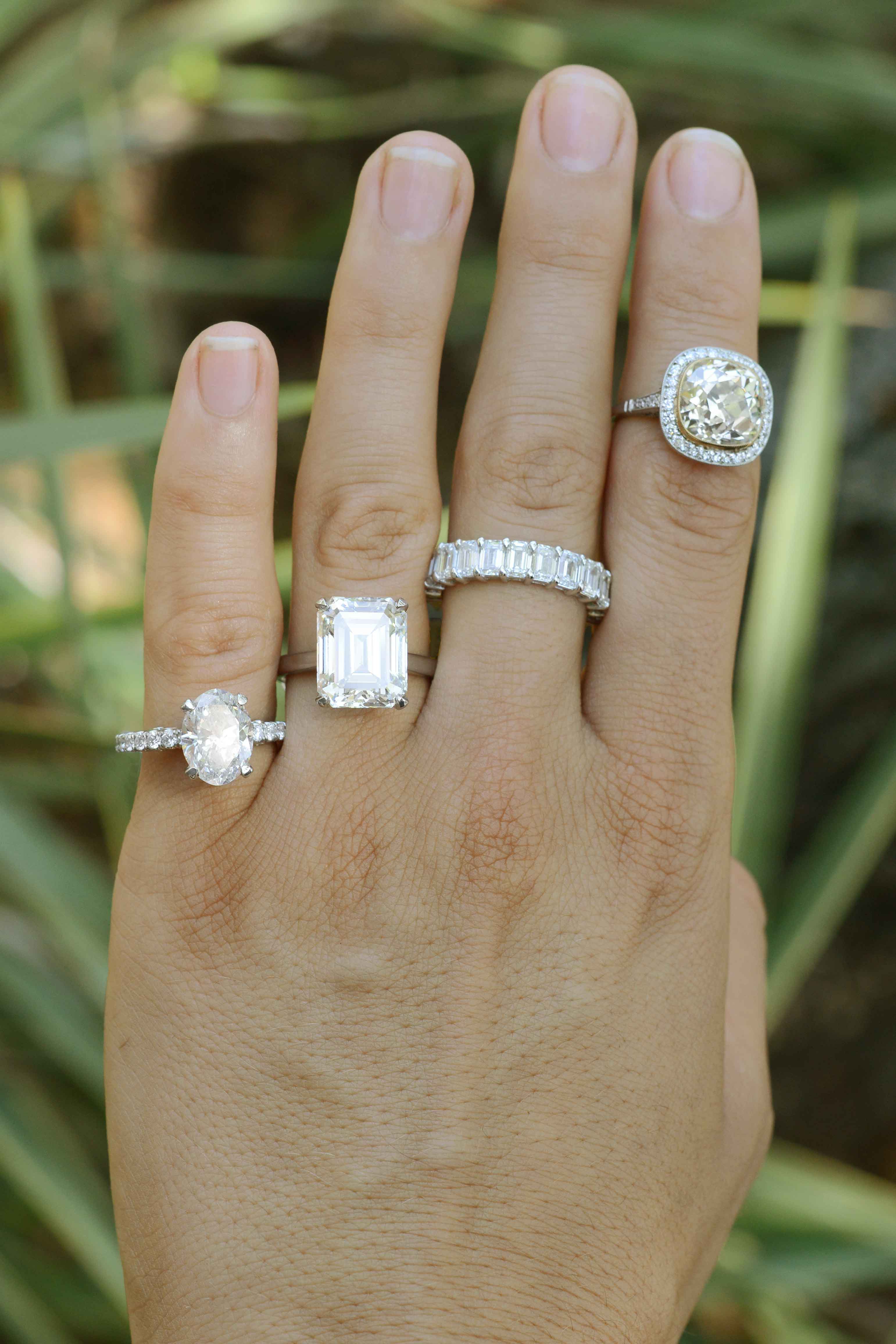 A colleciton of large diamond wedding and bridal rings.