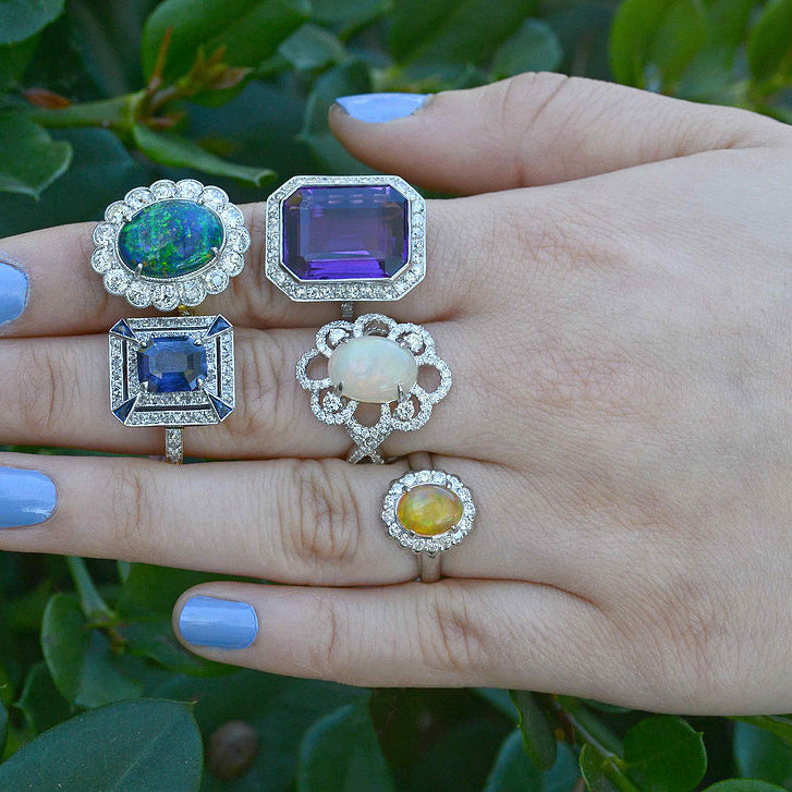 A couple of unique gemstone and diamond rings from our estate jewelry collection.