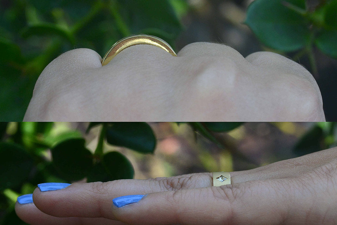 A modernist gold anniverary band with different cuts of diamonds.