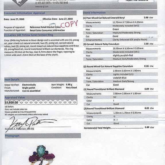 An appraised value certificate is included with this tutti frutti ring.