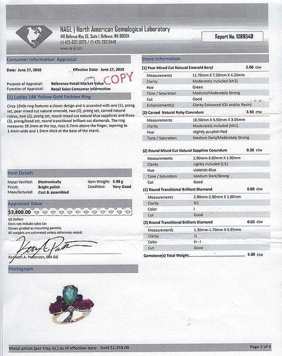 An appraised value certificate is included with this tutti frutti ring.