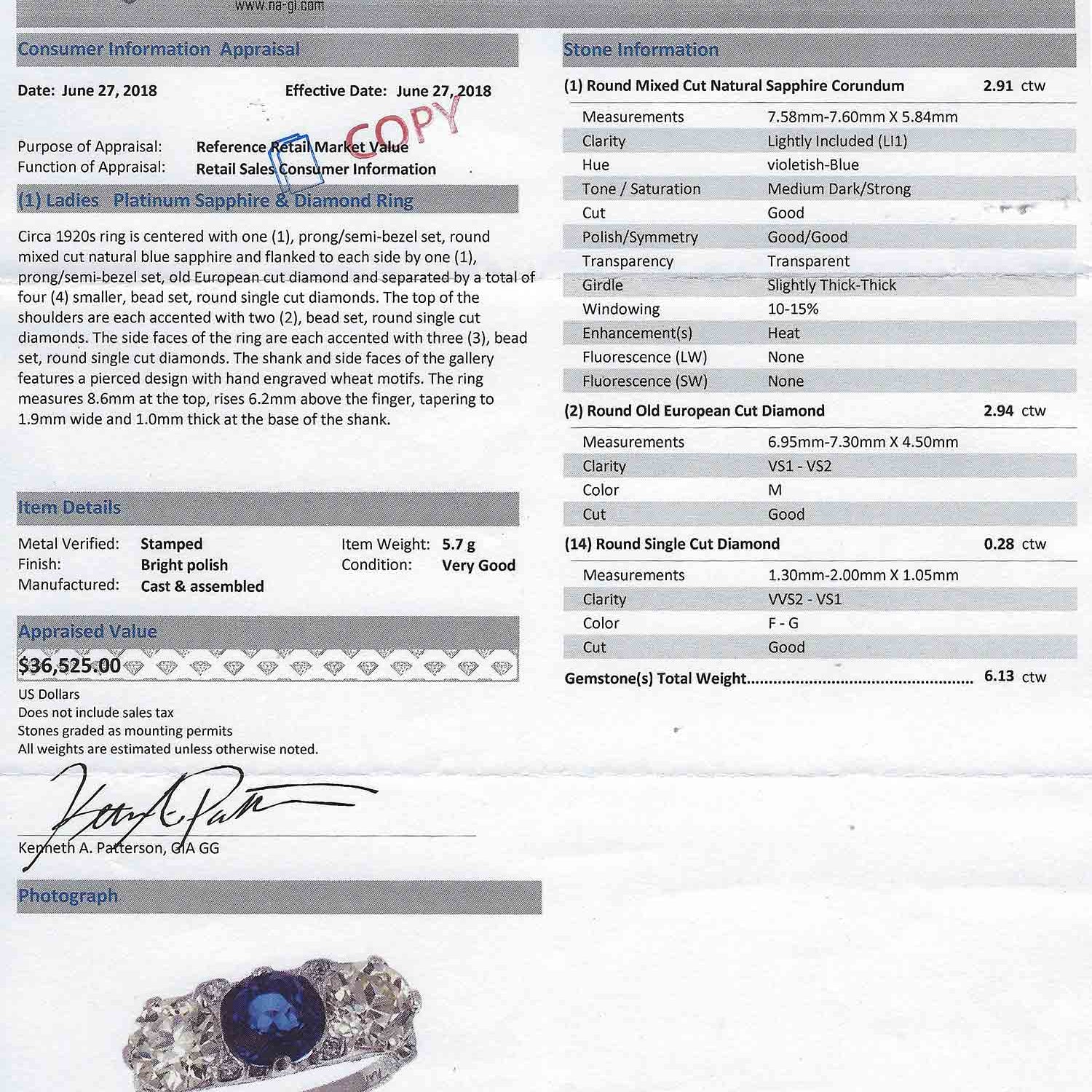 A North American gemological labratory report is included with this sapphire ring.
