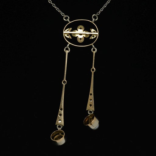 Antique Art Nouveau Natural Pearl & Diamond Drop Necklace