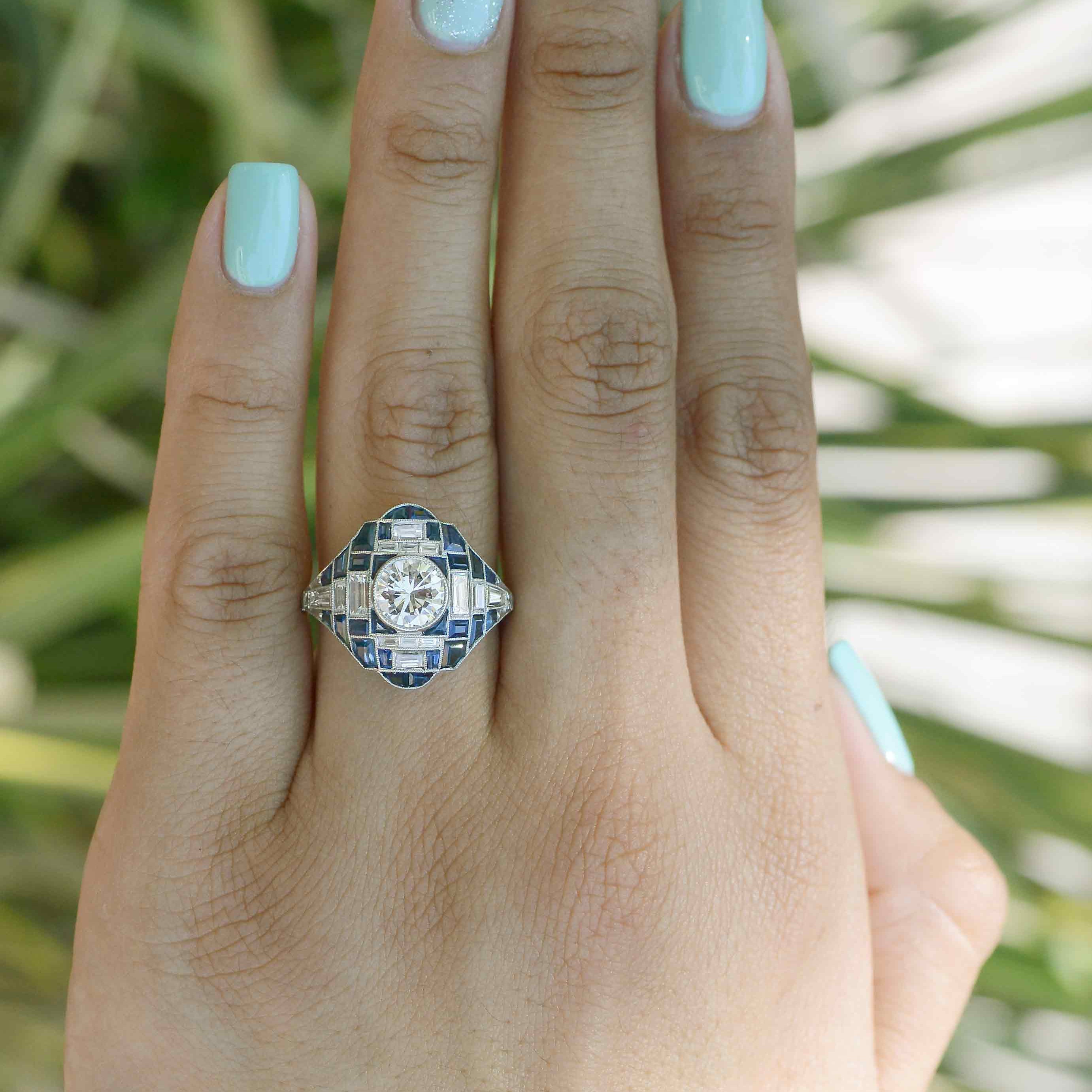 Art Deco Style Sapphire Diamond Dome Engagement Ring