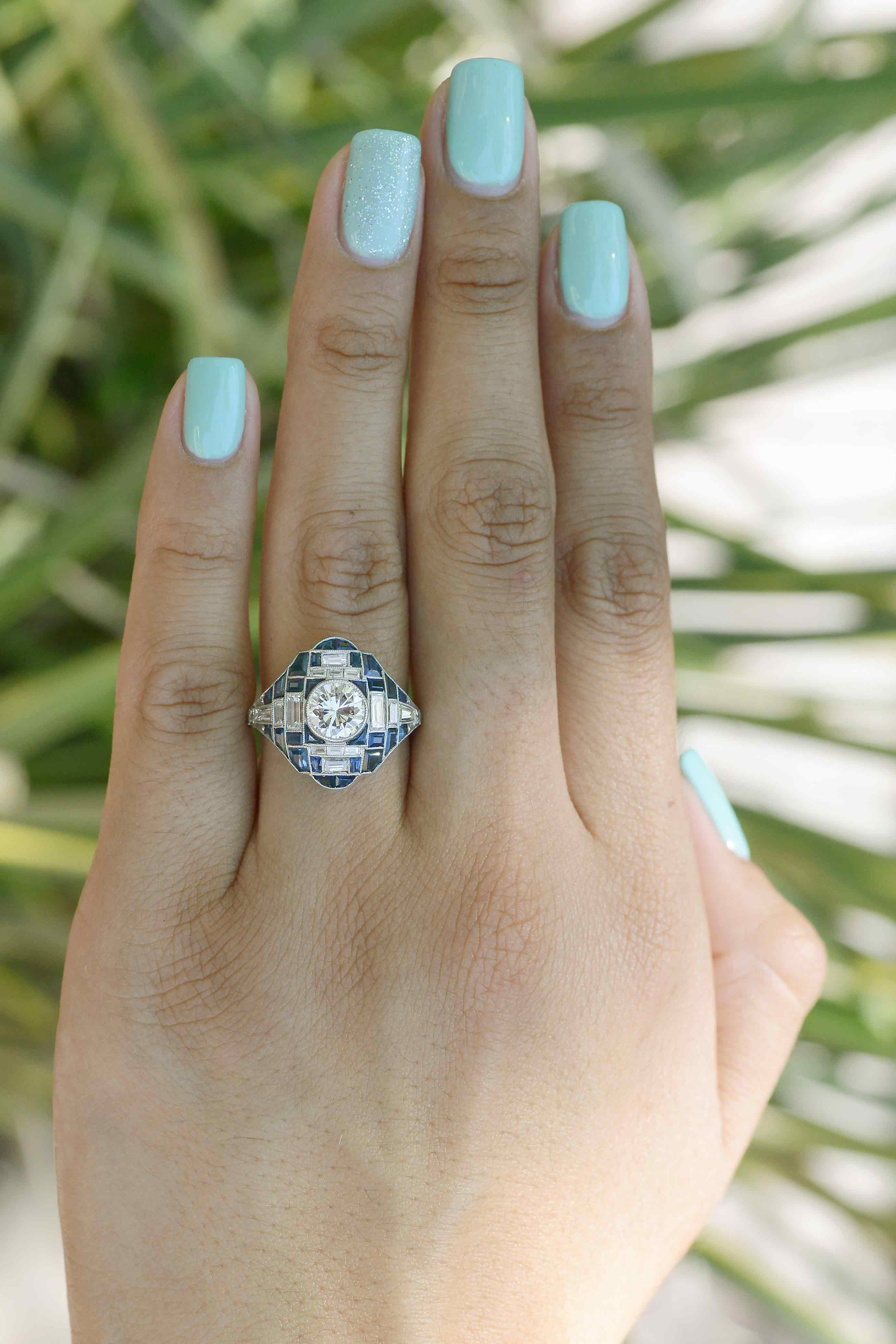 Art Deco Style Sapphire Diamond Dome Engagement Ring