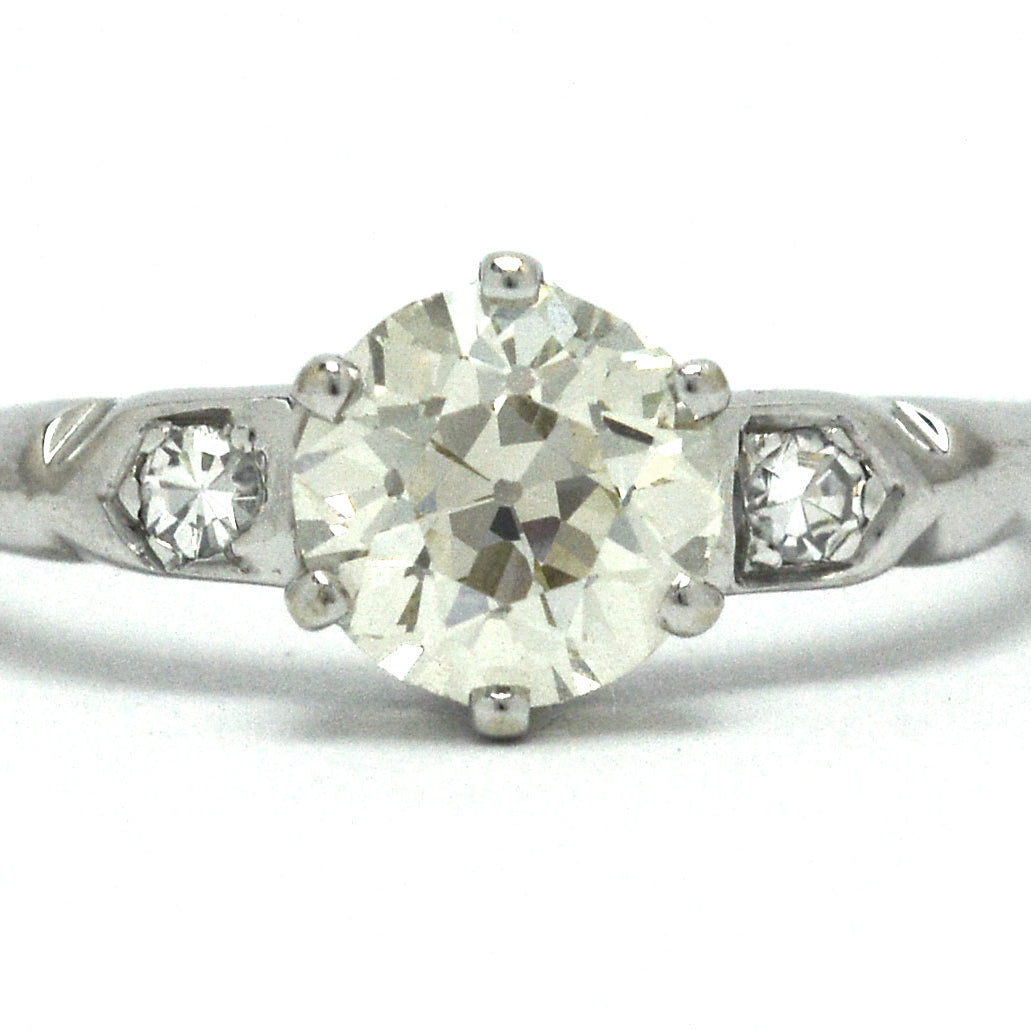 A one carat old European diamond is supported by 6 prongs in this white gold design.