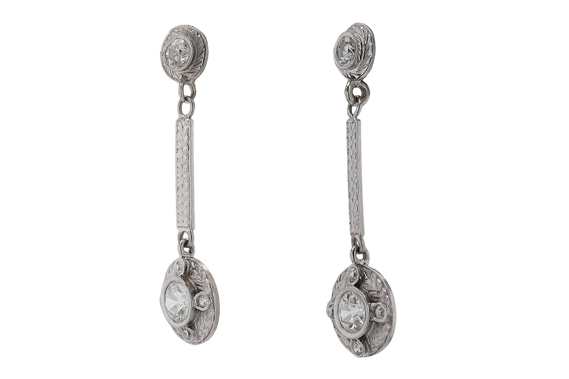 Art Deco 0.65 Carat Diamond Engraved Drop Earrings