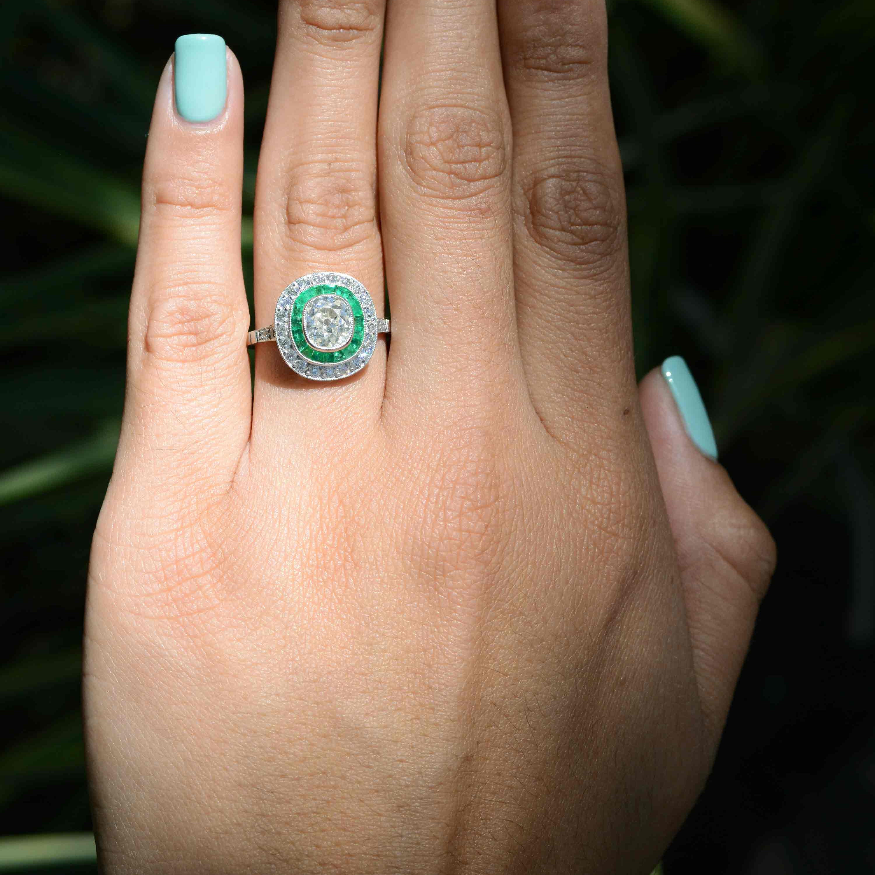 2.25 Carat Old Mine Cushion Diamond & Emerald Engagement Ring