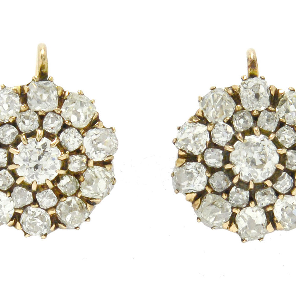 Late 1800s, antique Victorian diamond cluster earrings with lever back fastening.
