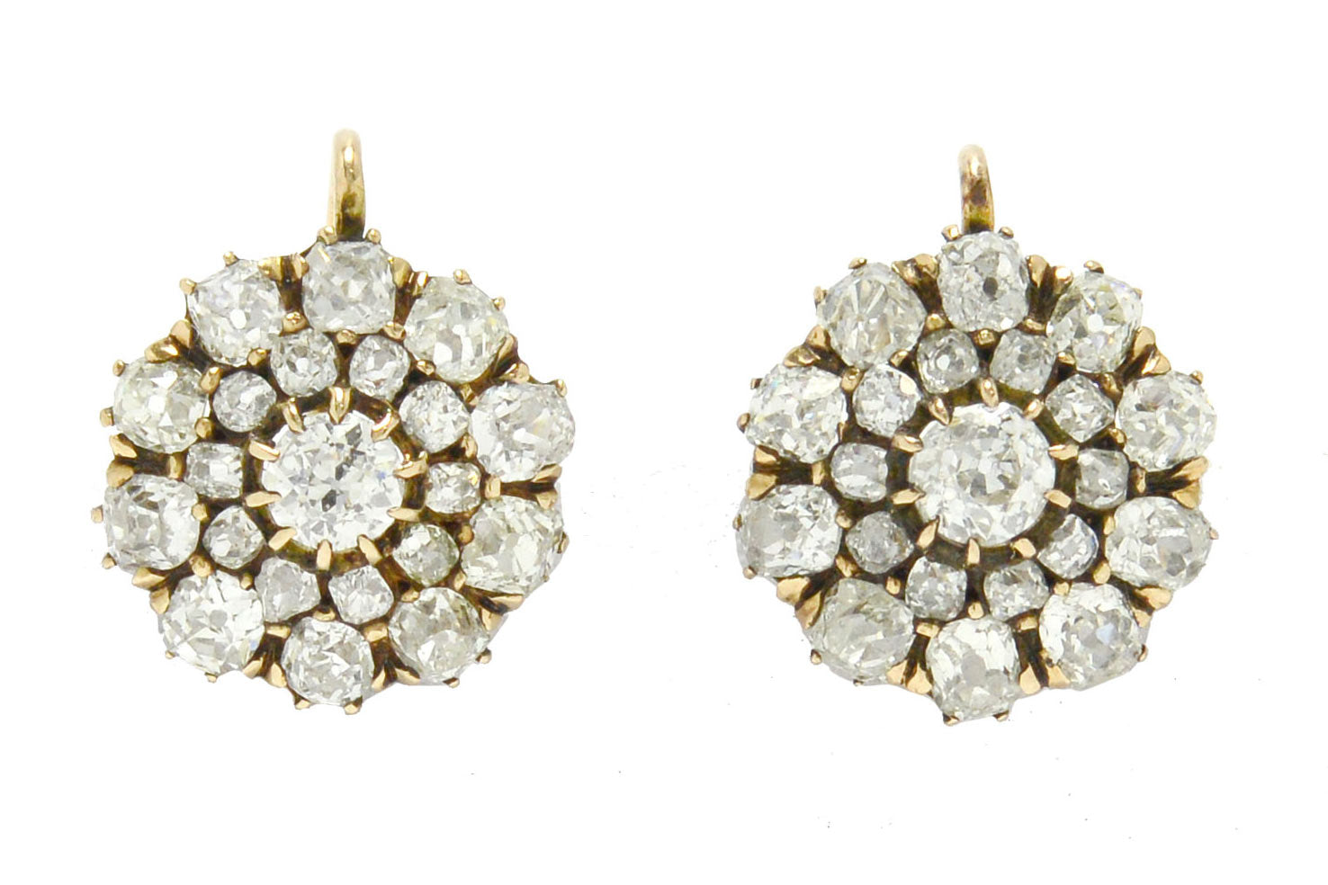 Late 1800s, antique Victorian diamond cluster earrings with lever back fastening.