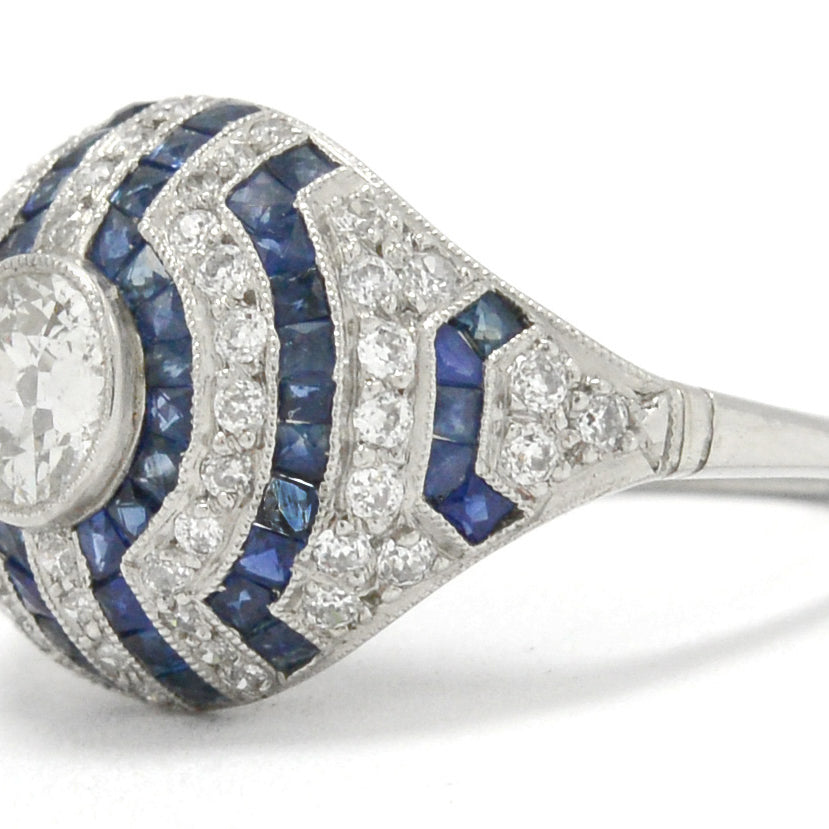 A unique Art Deco ring with blue sapphire and diamond stripes.
