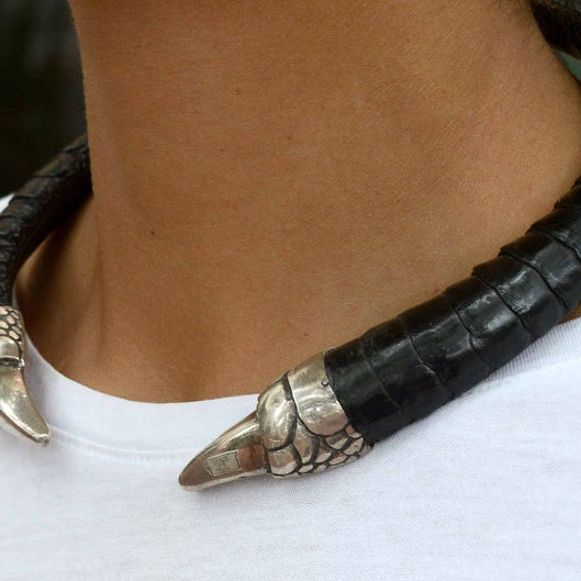 An exotic BDSM silver claw and black leather necklace.