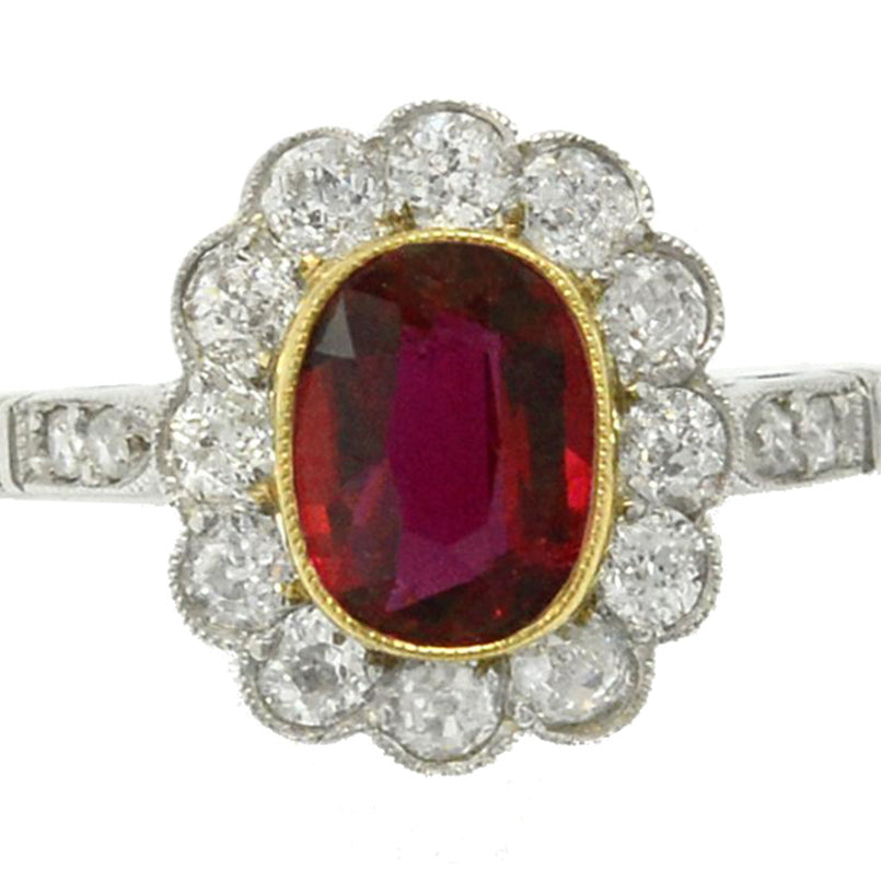 Platinum Antique Ruby Diamond Halo Engagement Ring