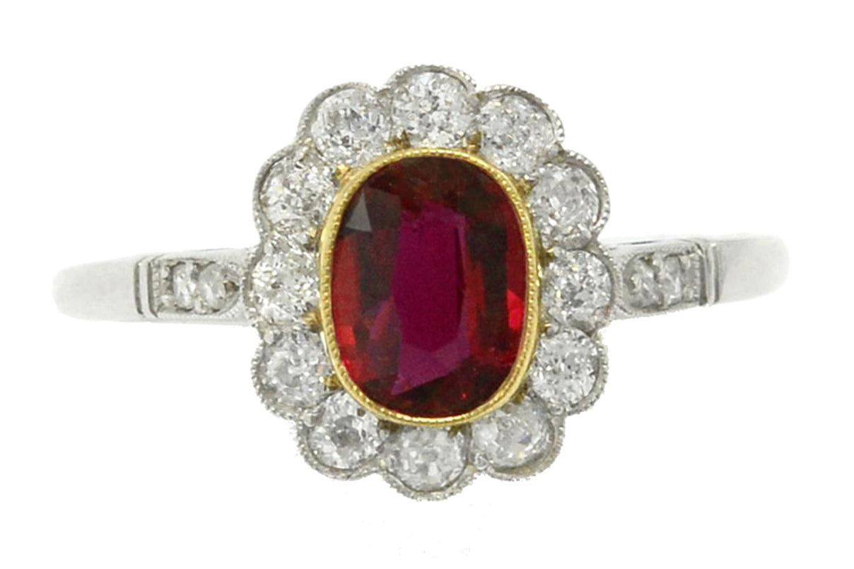 Platinum Antique Ruby Diamond Halo Engagement Ring