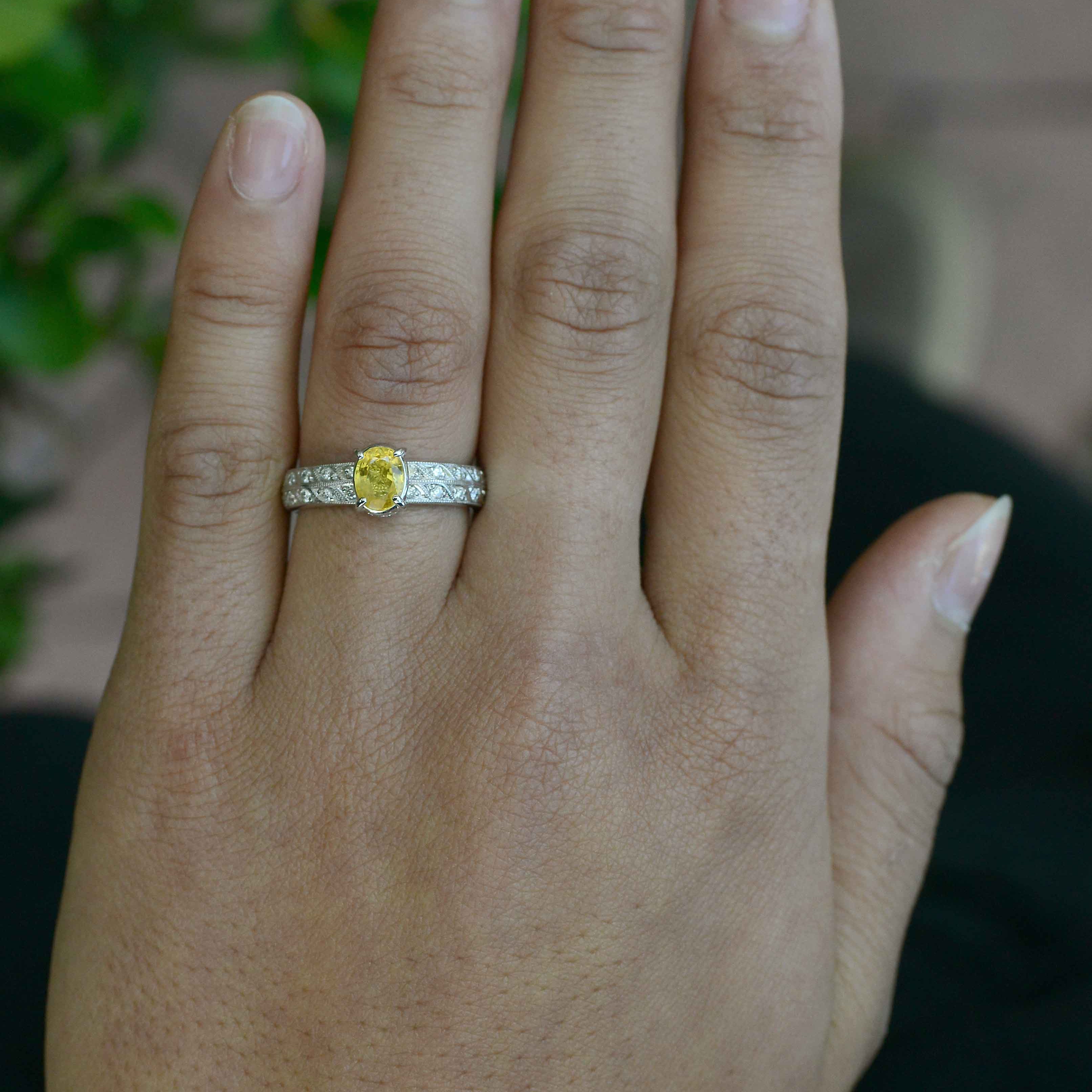 This diamonds band with a yellow sapphire could also be a stacking ring.