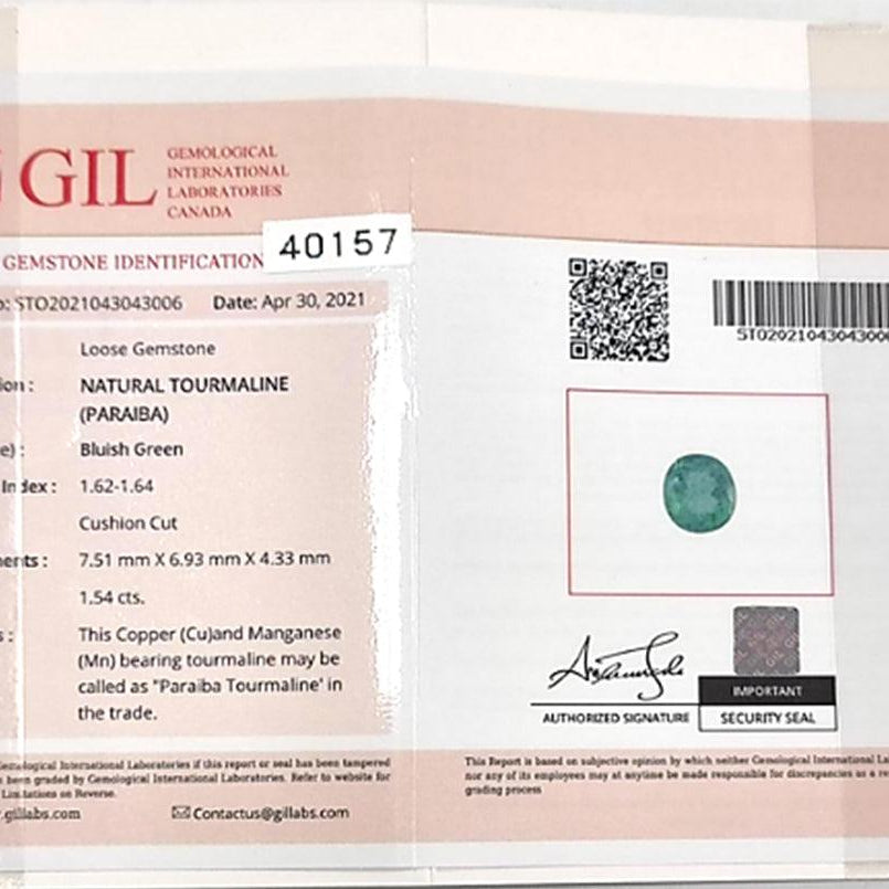 The GIL gemstone identification card states this gem as a natural paraiba tourmaline.