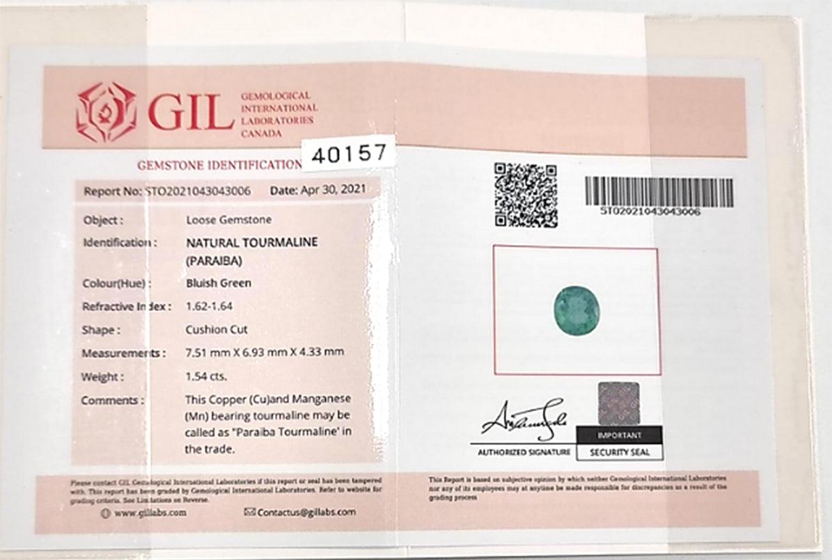 The GIL gemstone identification card states this gem as a natural paraiba tourmaline.