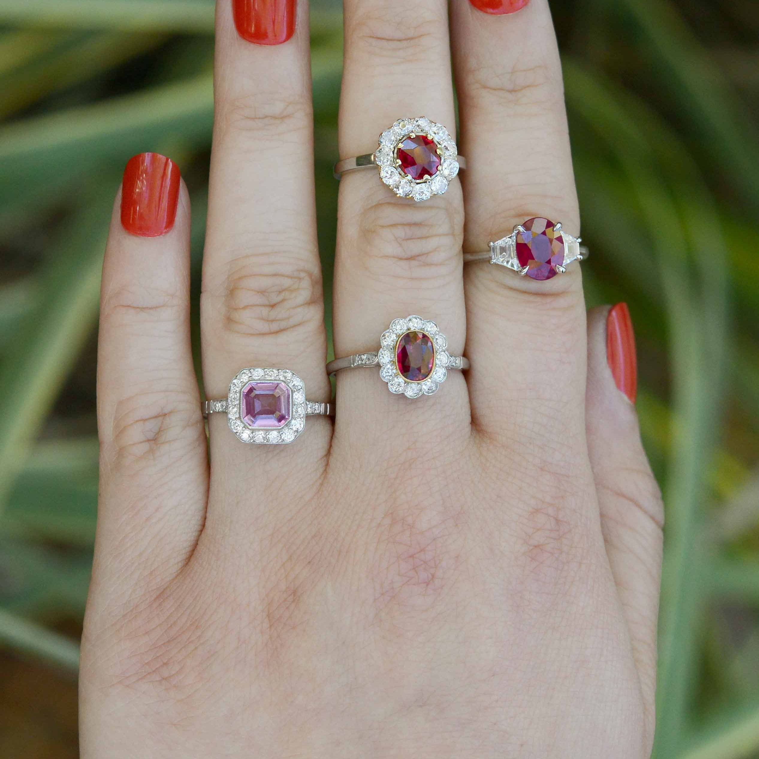 A few of our ruby and pink sapphire engagement rings.