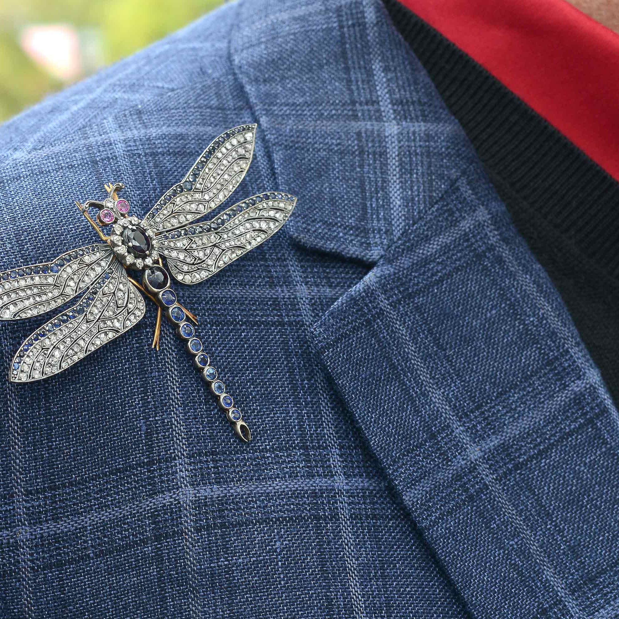 A diamond and sapphire dragonfly brooch with pink sapphire eyes.