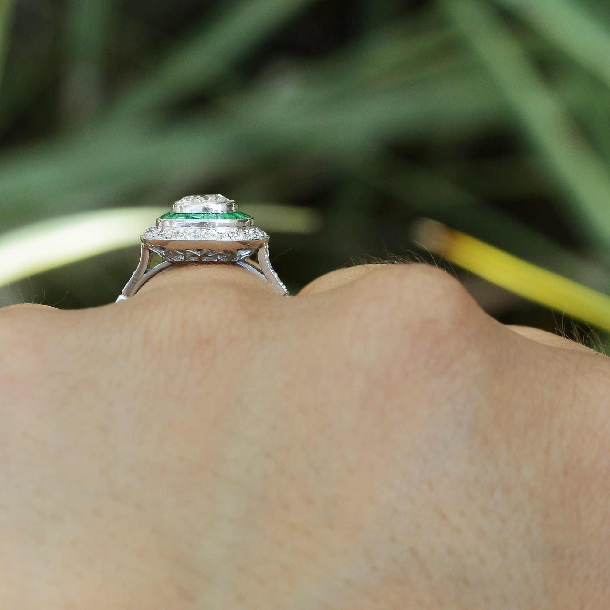 2.25 Carat Old Mine Cushion Diamond & Emerald Engagement Ring