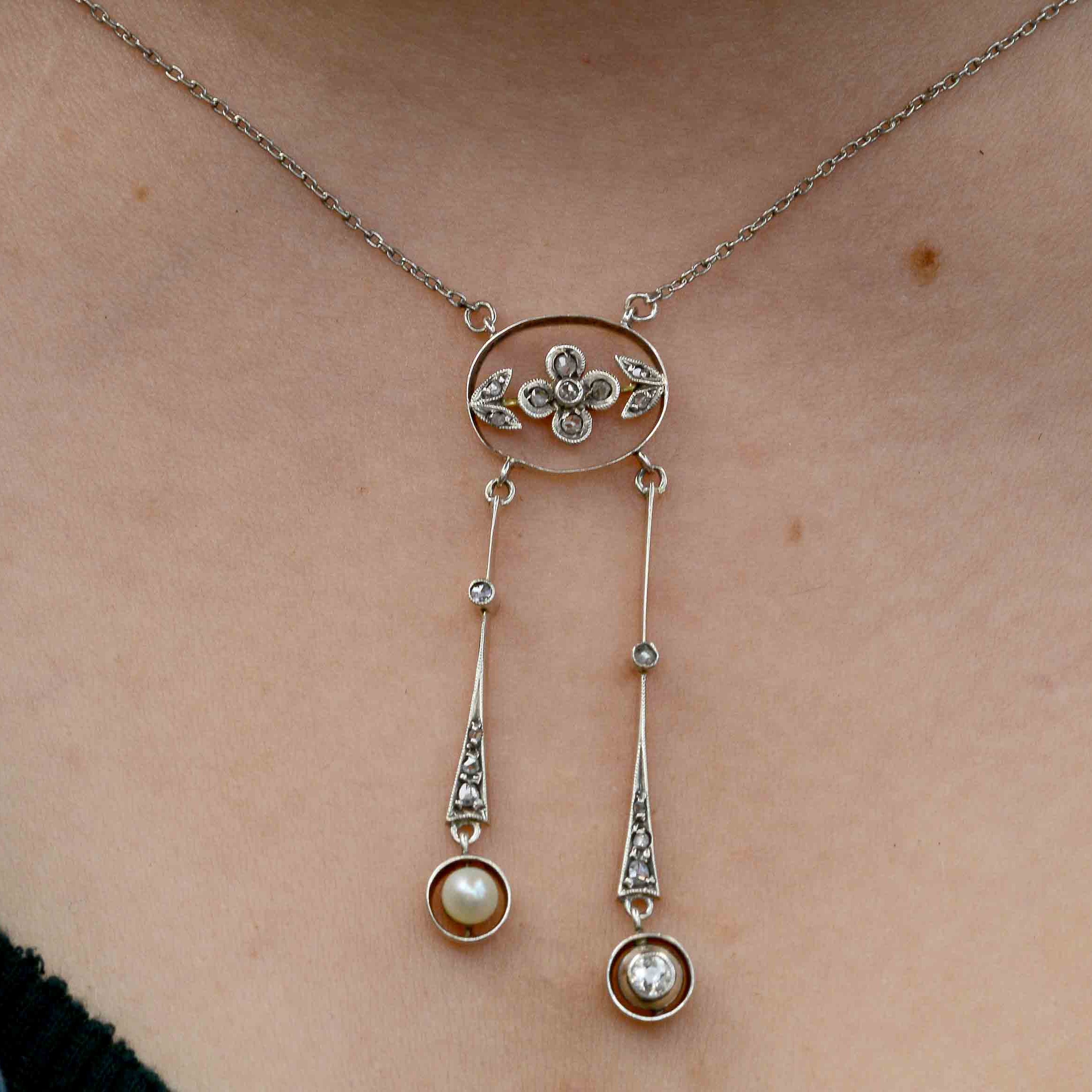 Antique Art Nouveau Natural Pearl & Diamond Drop Necklace