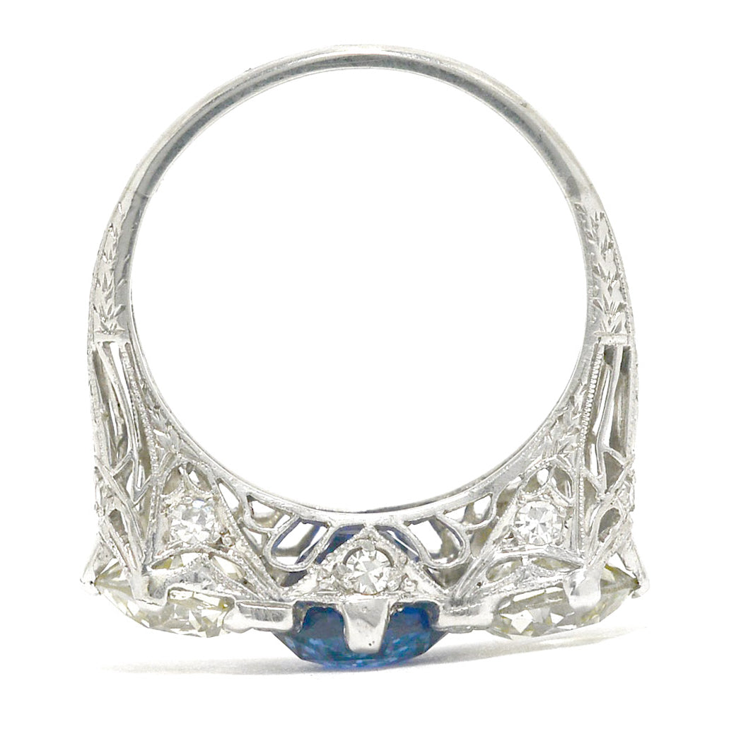 3 carat natural blue sapphire platinum filigree trinity ring.