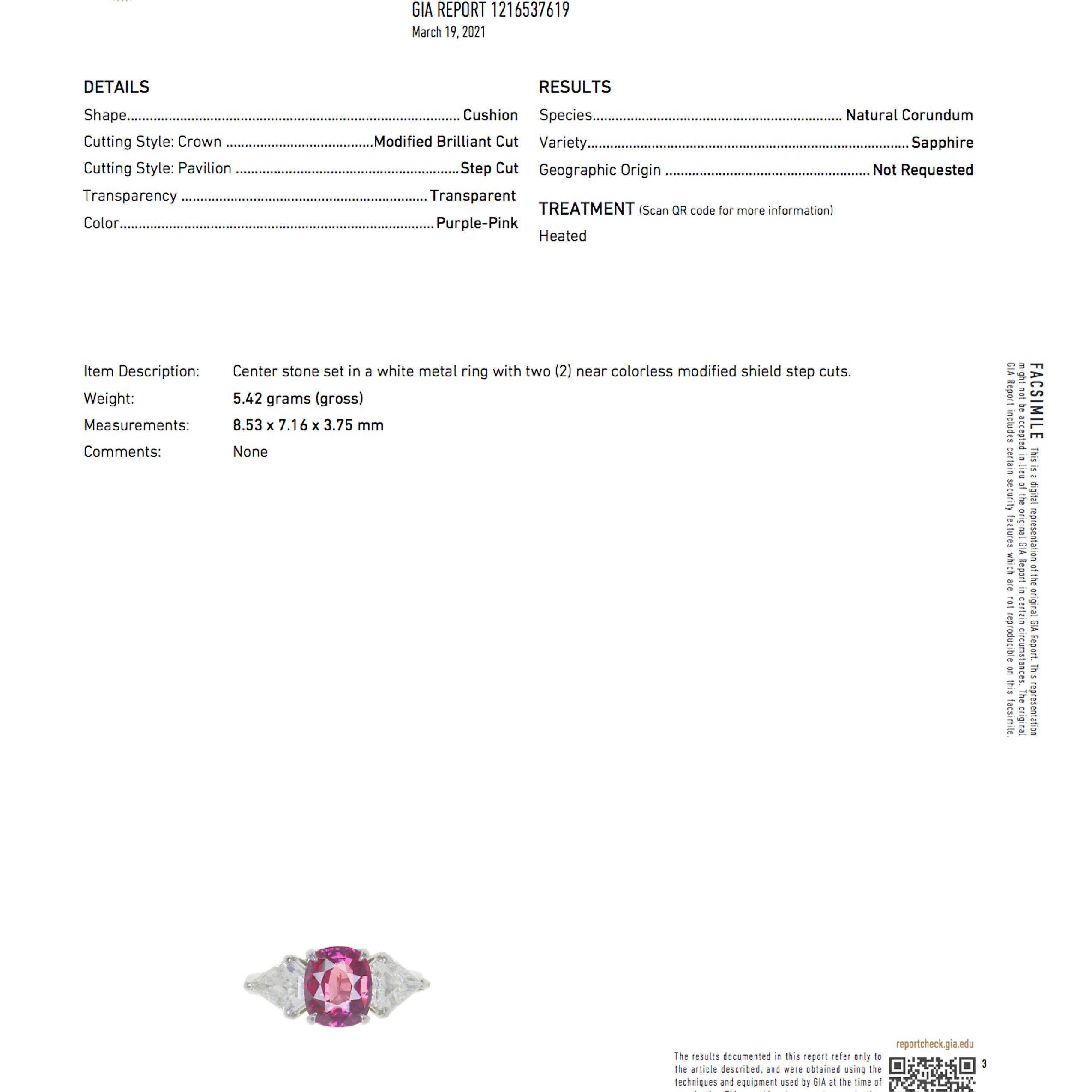This pink sapphire is verified as a cushion cut gemstone in the GIA report.