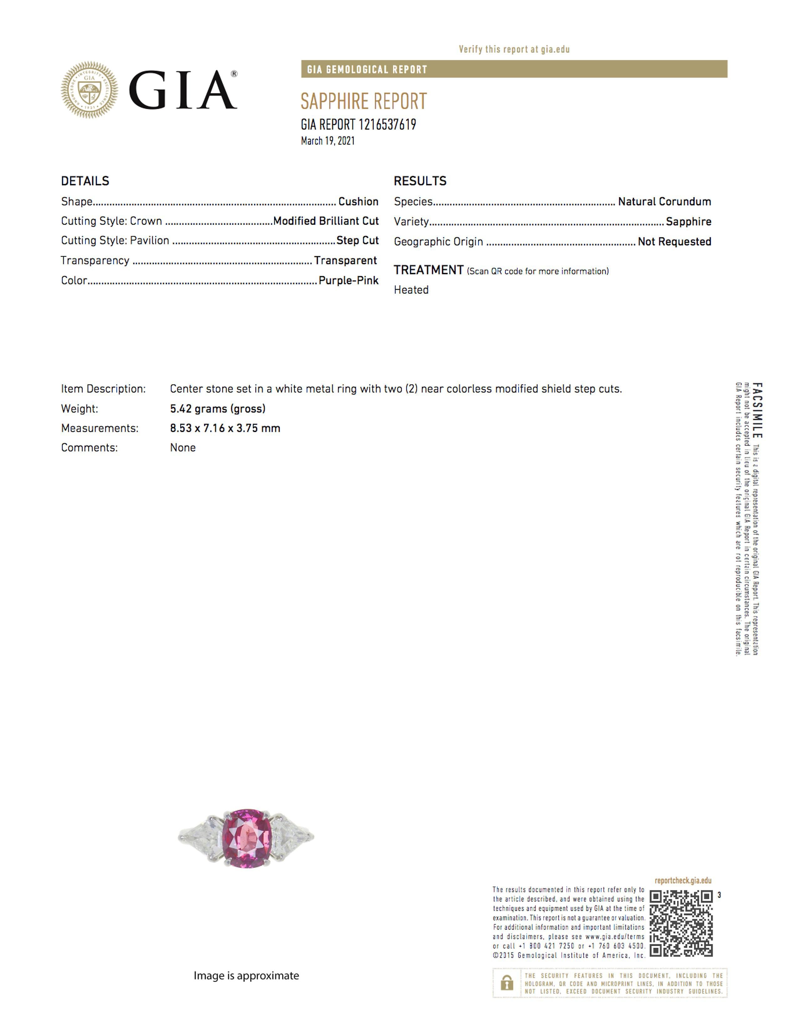 This pink sapphire is verified as a cushion cut gemstone in the GIA report.