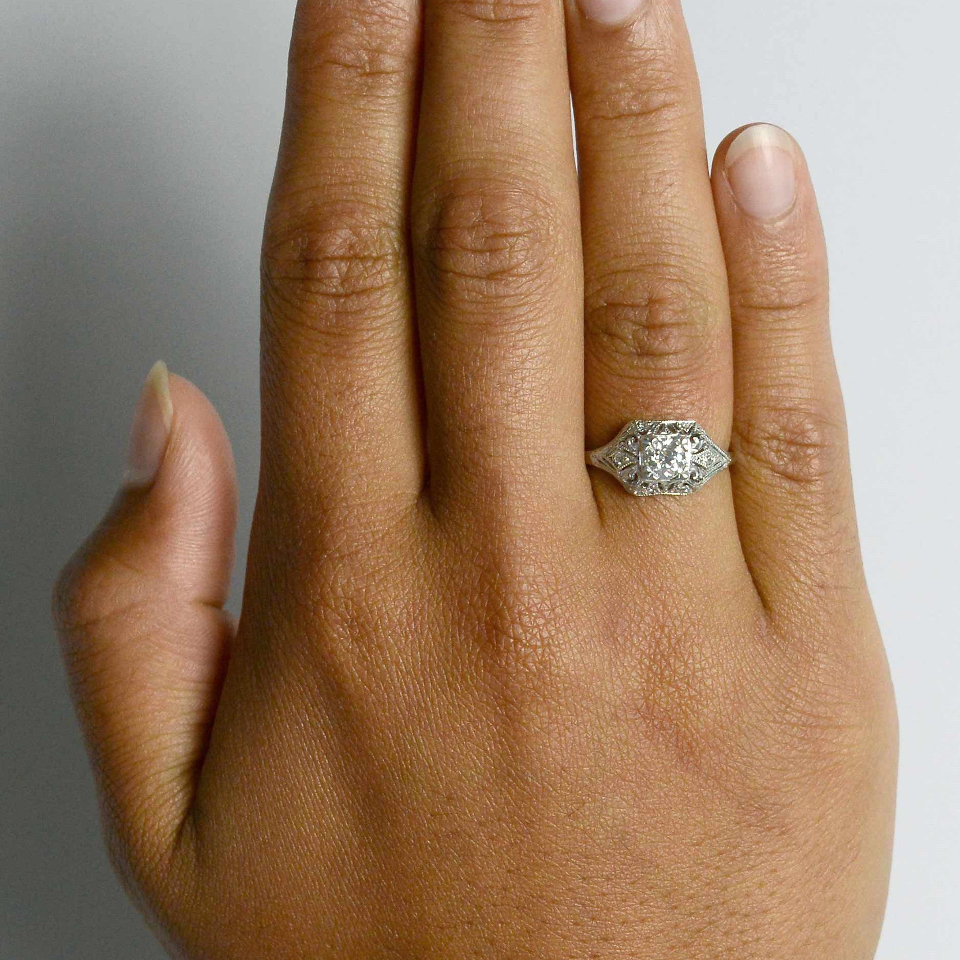 Half carat old european diamond rectangular engagement ring.