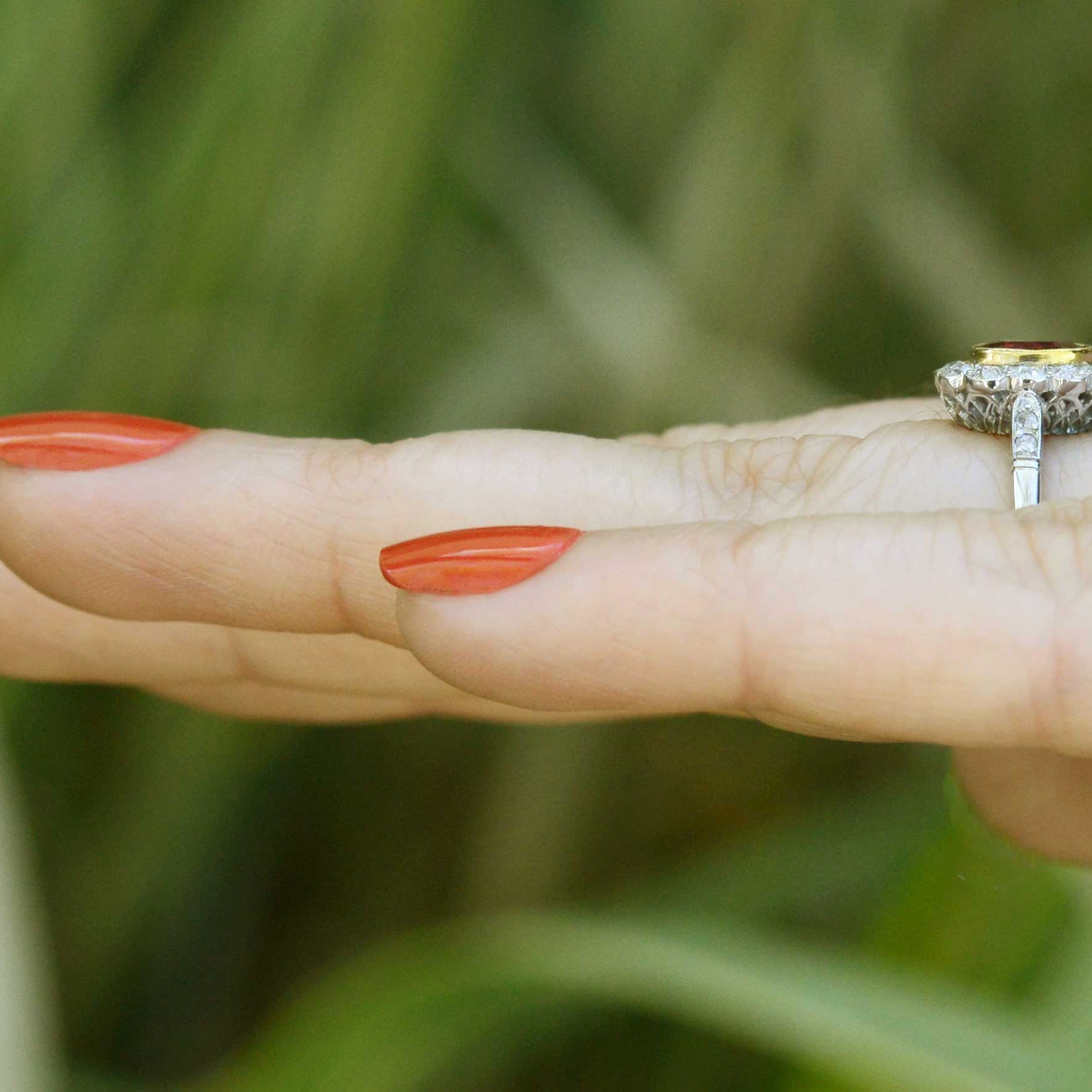 Platinum Antique Ruby Diamond Halo Engagement Ring