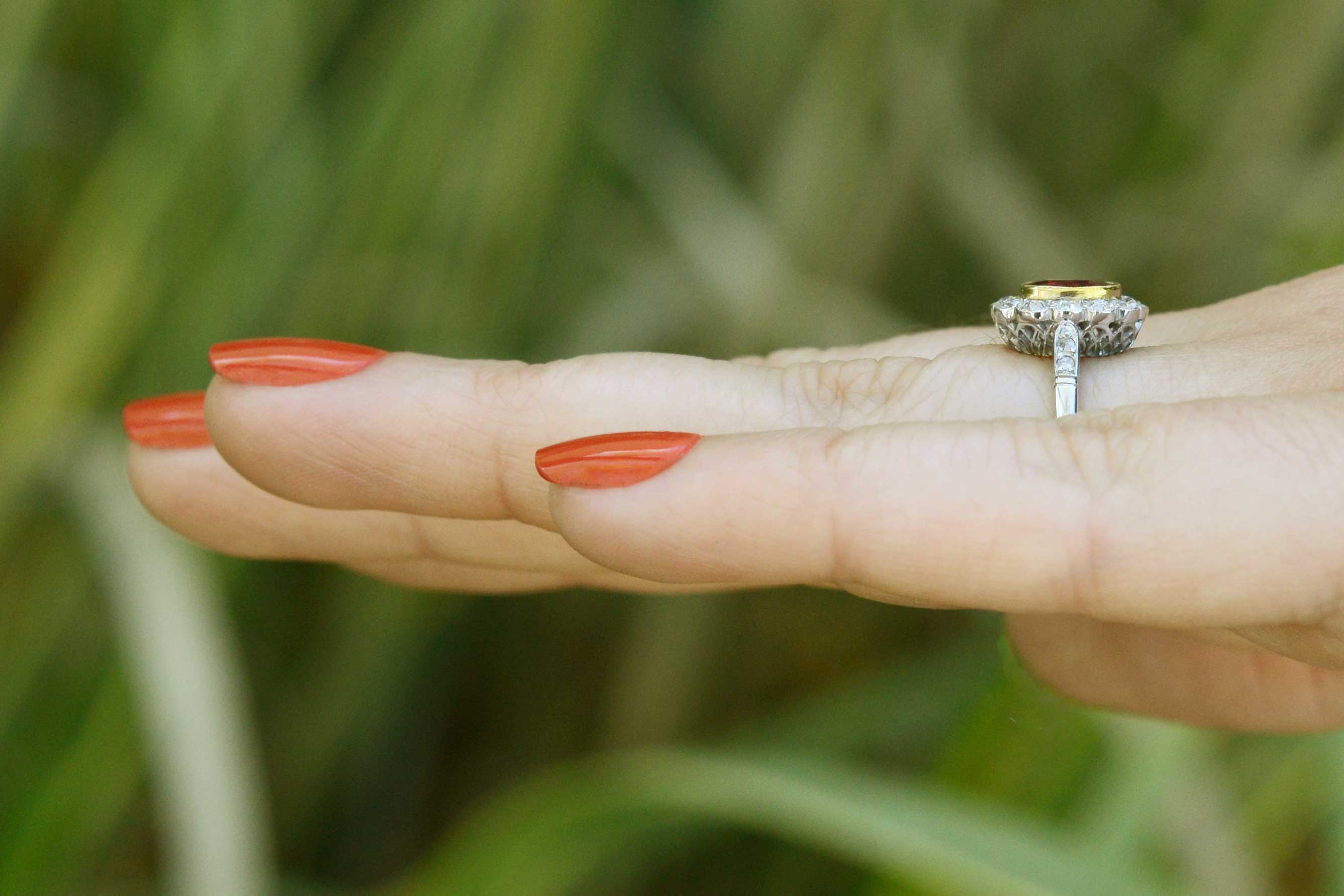 Platinum Antique Ruby Diamond Halo Engagement Ring