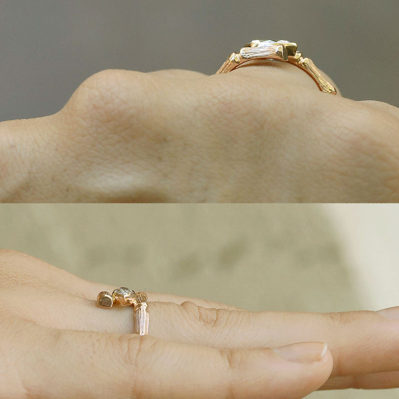 A mid century to retro diamond rose gold solitaire ring.