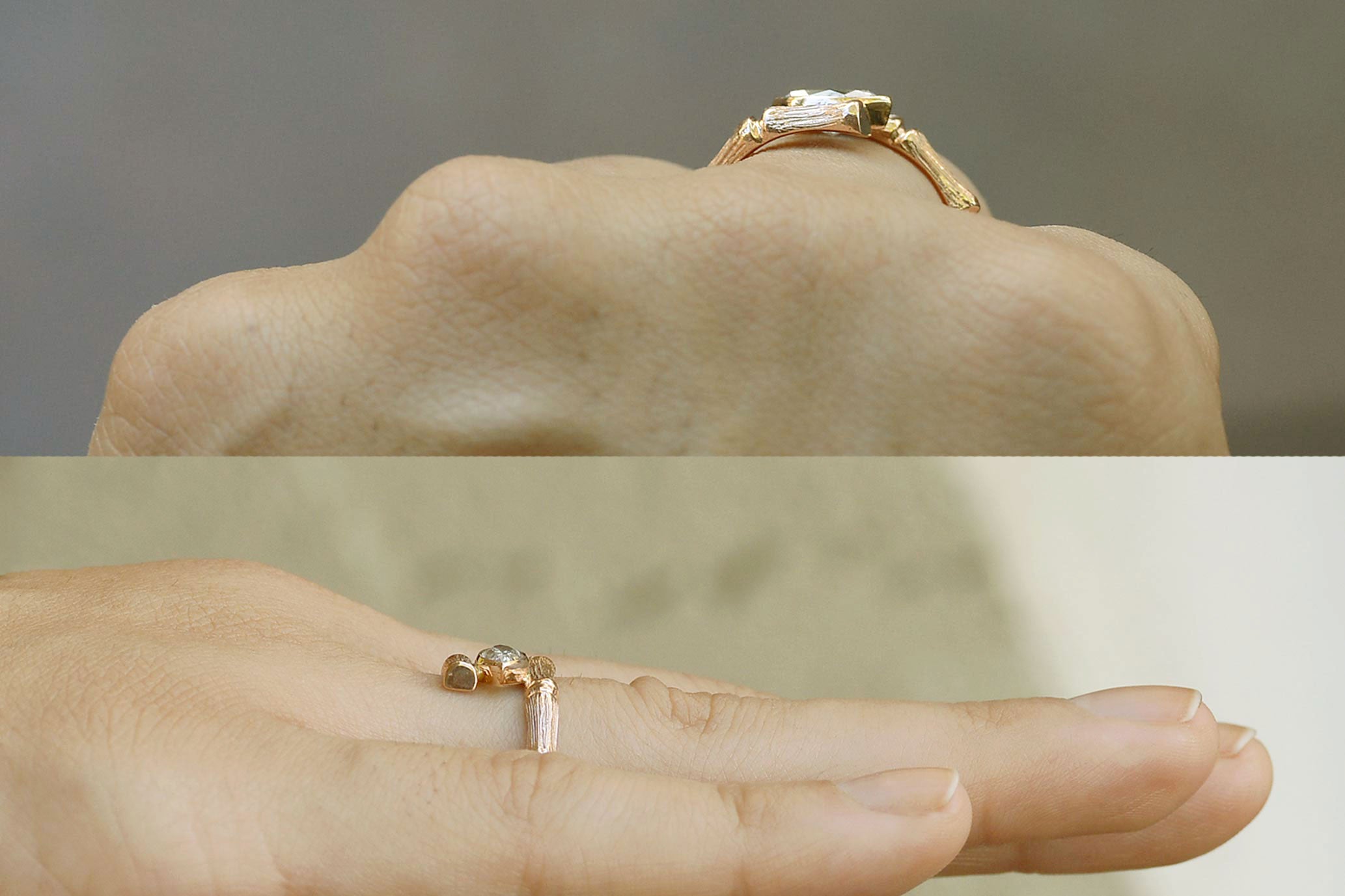 A mid century to retro diamond rose gold solitaire ring.