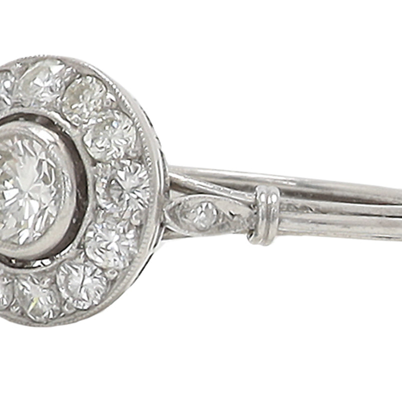 Art Deco Round Bezel Diamond Platinum Cluster Engagement Ring