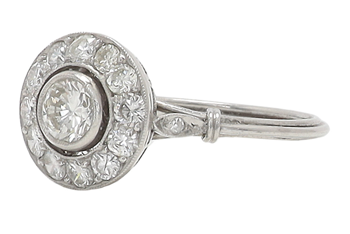 Art Deco Round Bezel Diamond Platinum Cluster Engagement Ring