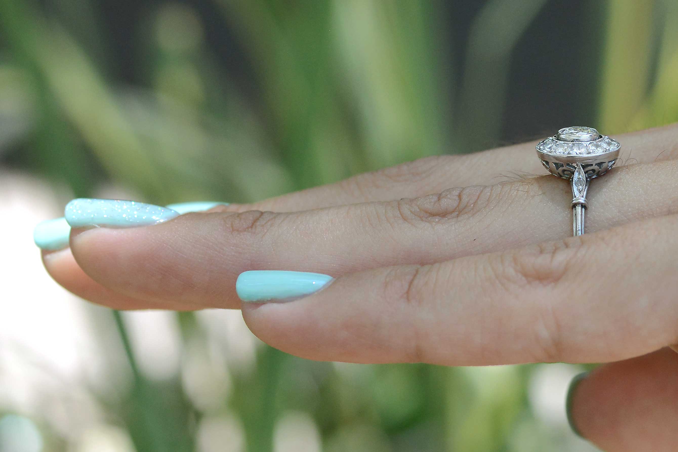 Art Deco Round Bezel Diamond Platinum Cluster Engagement Ring