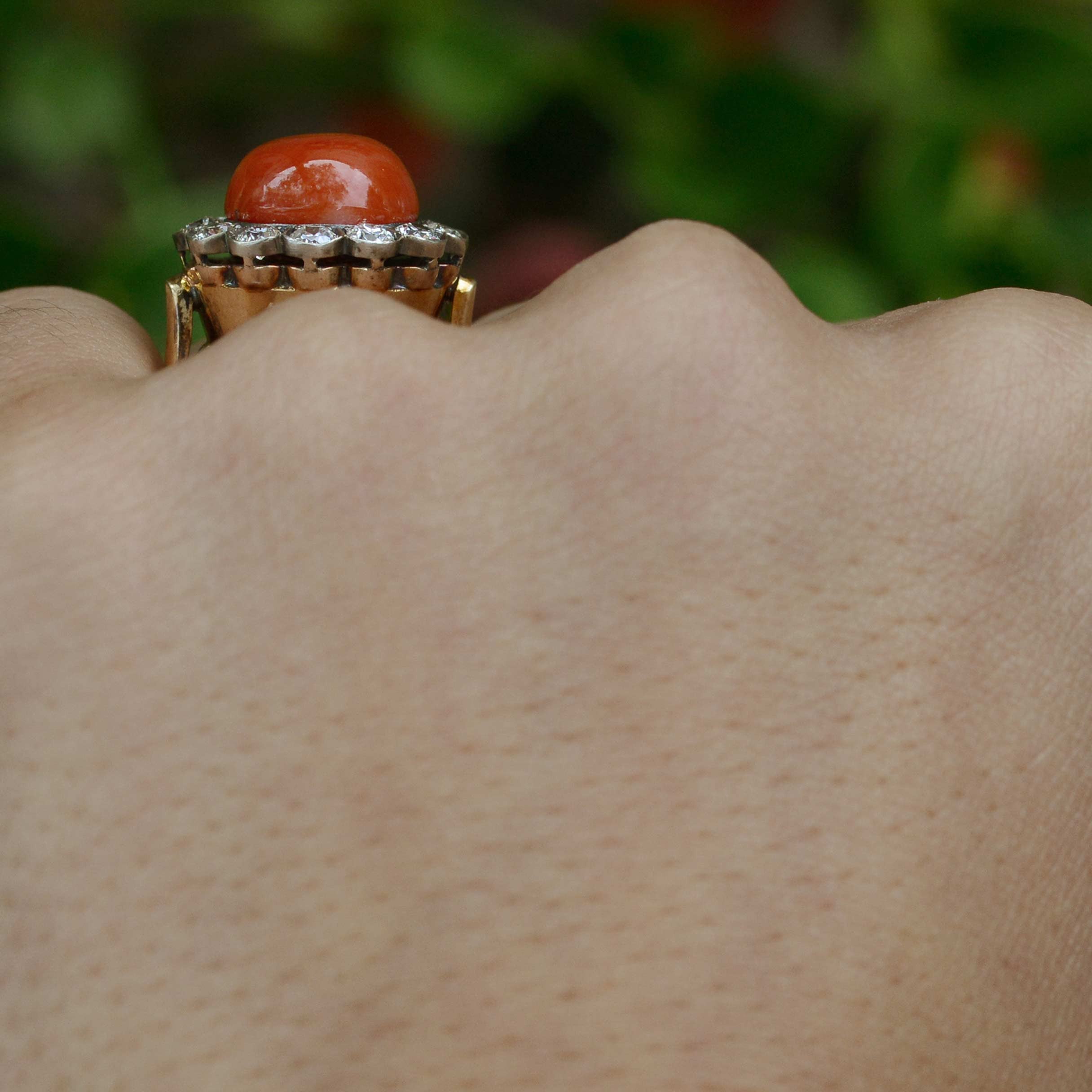 A vivid orange red cabochon cut coral, antique cocktail ring.