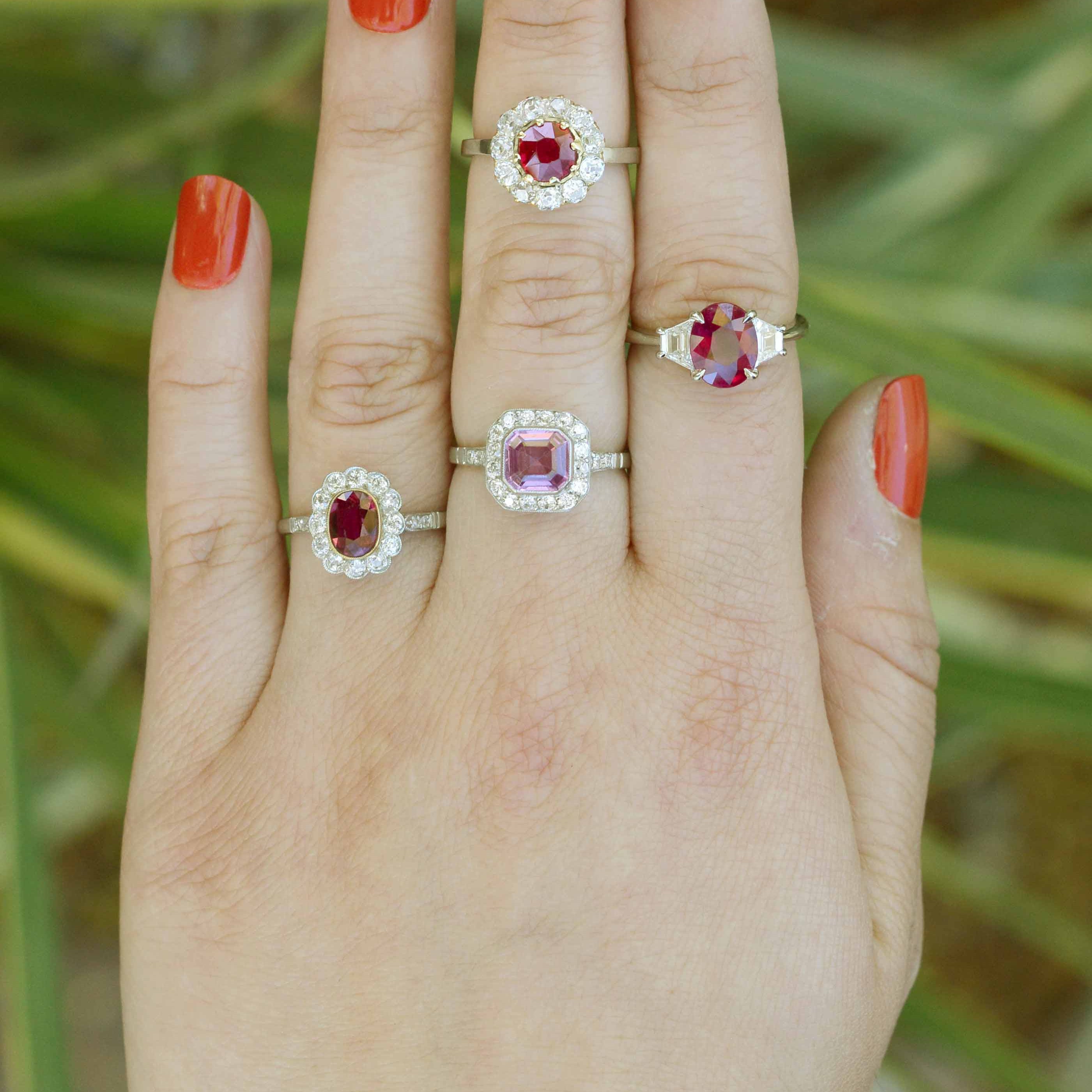 Platinum Antique Ruby Diamond Halo Engagement Ring