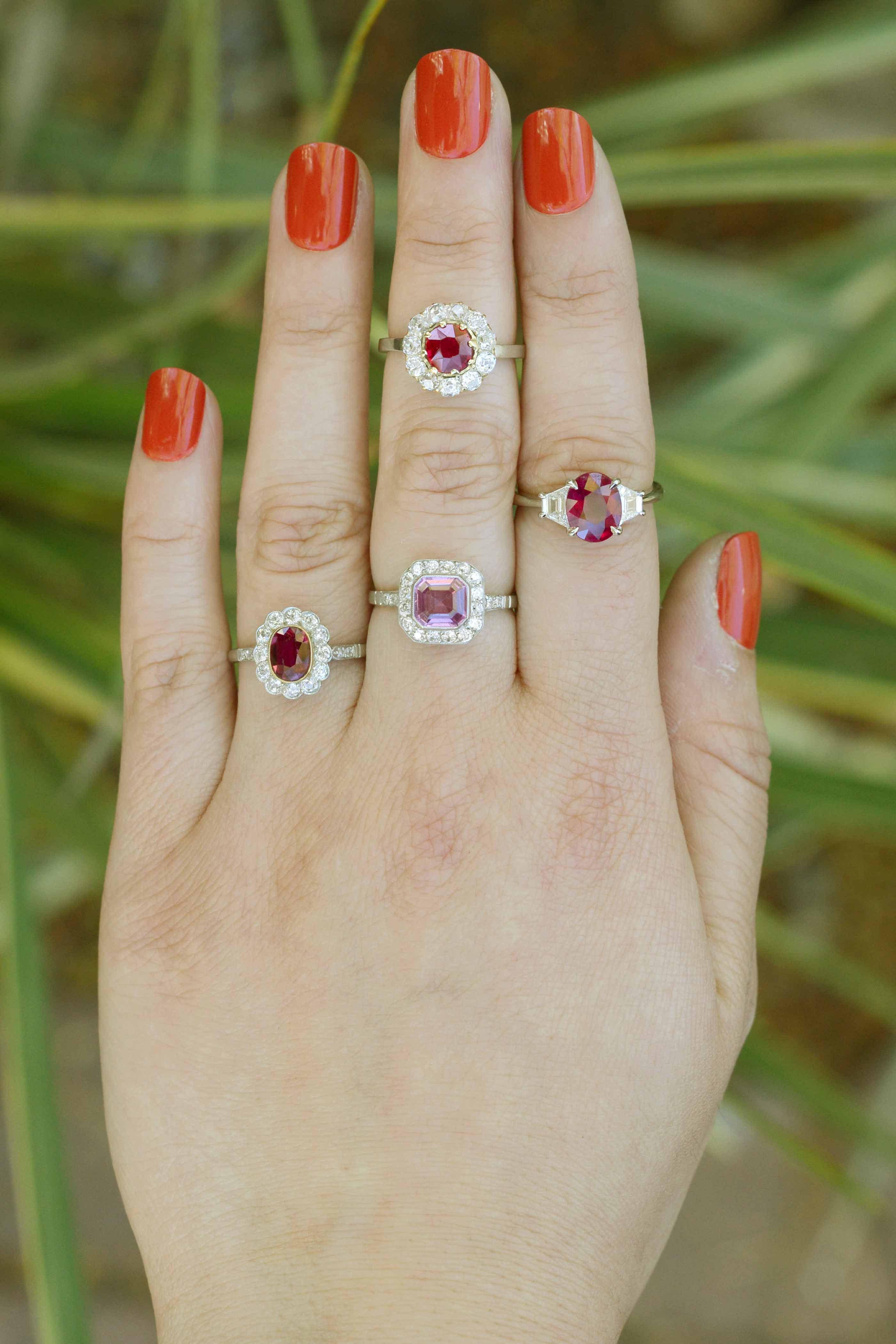 Platinum Antique Ruby Diamond Halo Engagement Ring