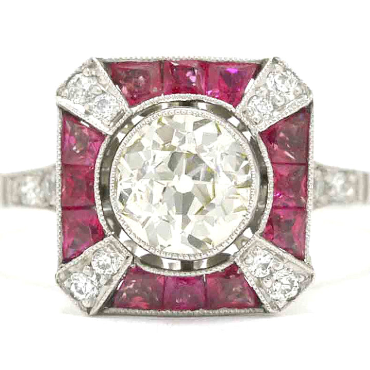 Square diamond Art Deco engagement ring design with rubies.